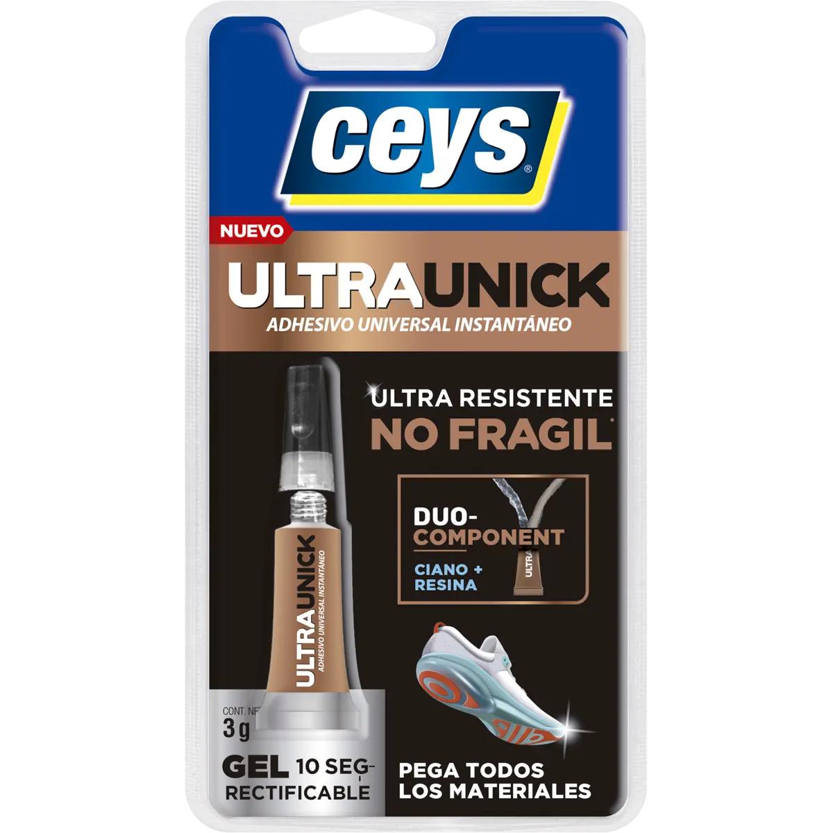 Ceys Ultraunick Gel 3gr. Adhesivo Universal Ultra Resistente y Ultra Rápido 10 Segundos. Duo-component Ciano Más Resina. Pega Todos los Materiales. Rectificable.
