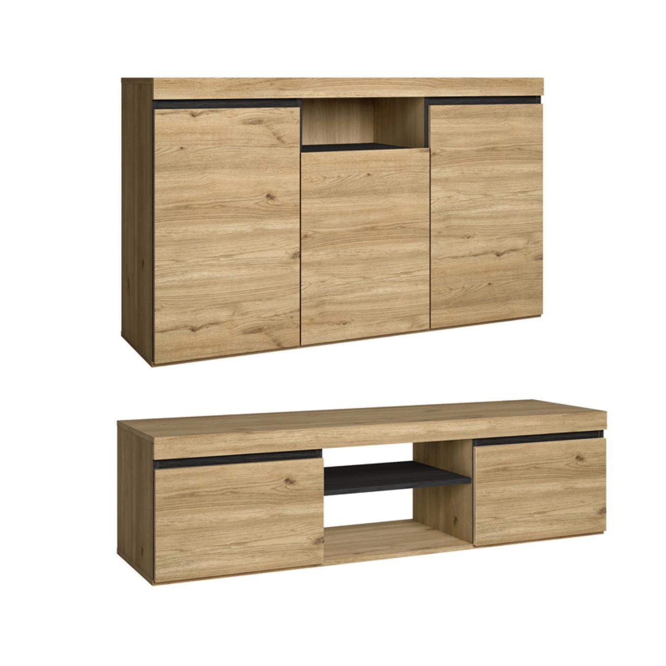 Skraut Home - Set modelo Naturale, compuesto por 1 Buffet y 1 Mueble tv,  fabricados en Melamina color Roble/Negro Nórdico