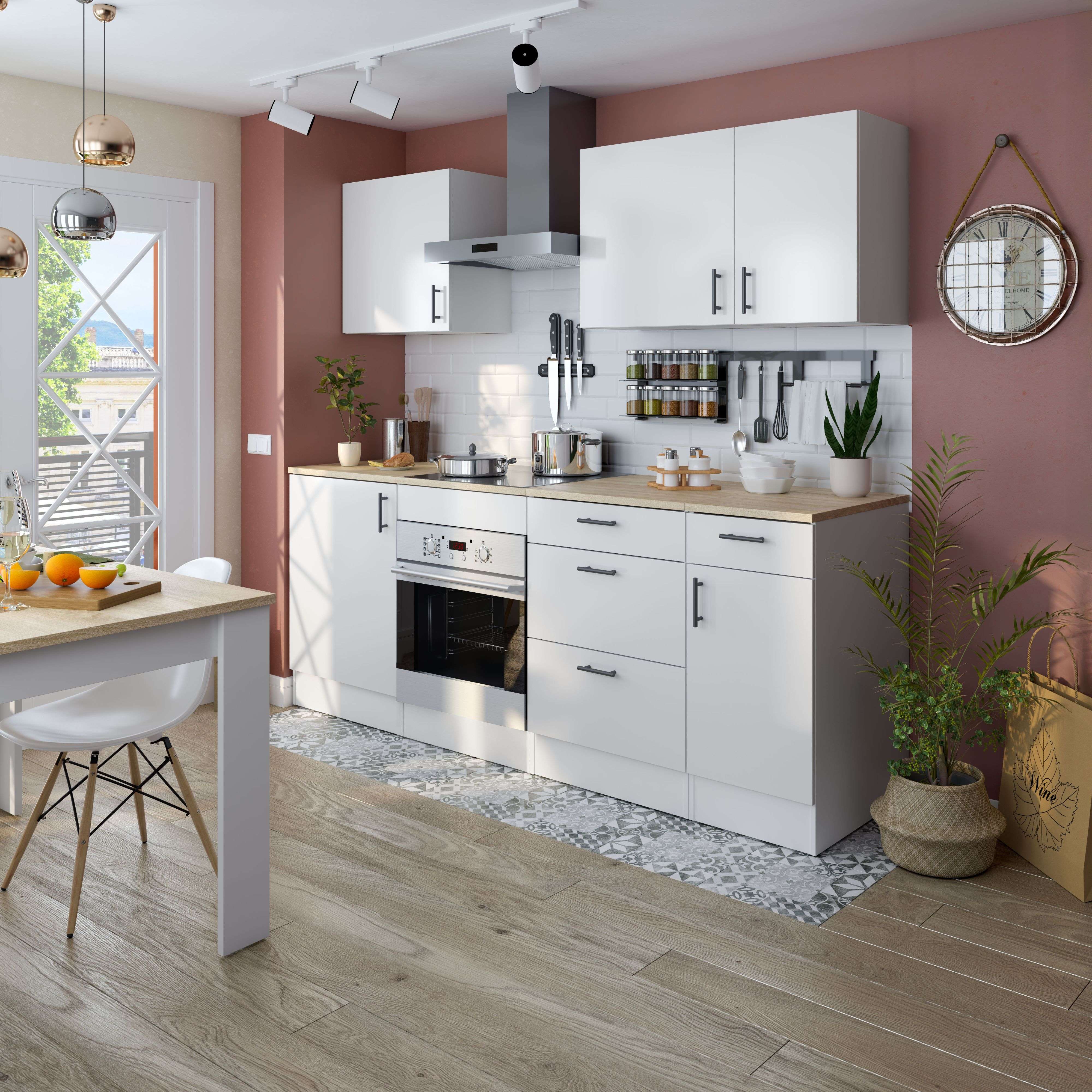 Miroytengo Pack de Muebles de Cocina Kira Modular en Blanco Brillo y Roble Canadian con 7 Módulos, Cajones, y Puertas Abatibles