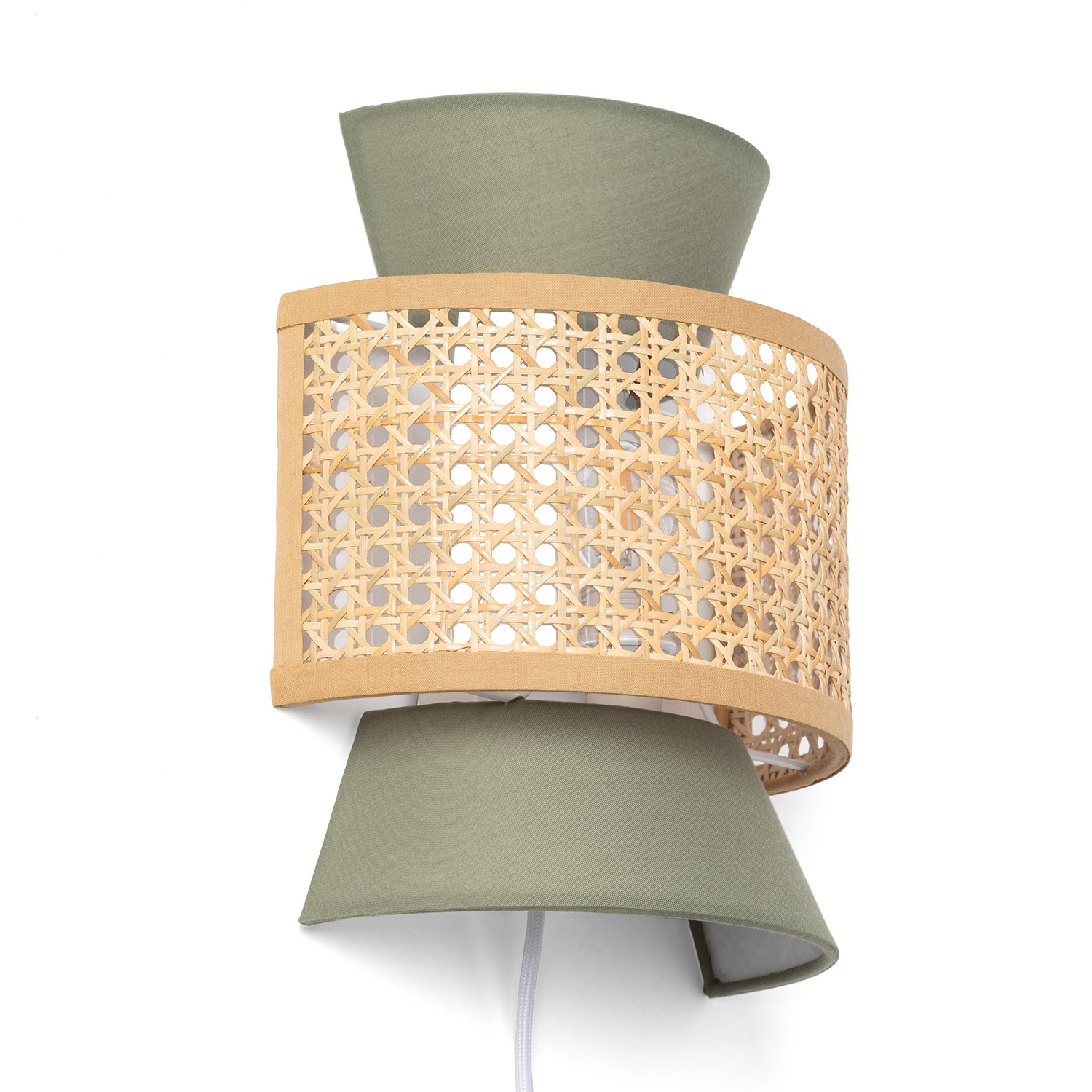 LEDKIA LIGHTING - Aplique de Pared Chulu | Diseño Natural y Elegante | Luz Cálida Ambiental | Fácil Instalación | Adecuado para Salón y Comedor, Verde Caqui, Tela y Ratán