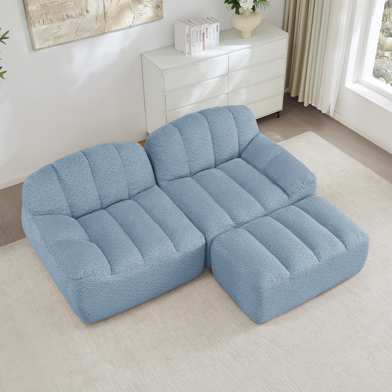 Canapé modulaire bleu 2 places en L avec ottoman et assise profonde
