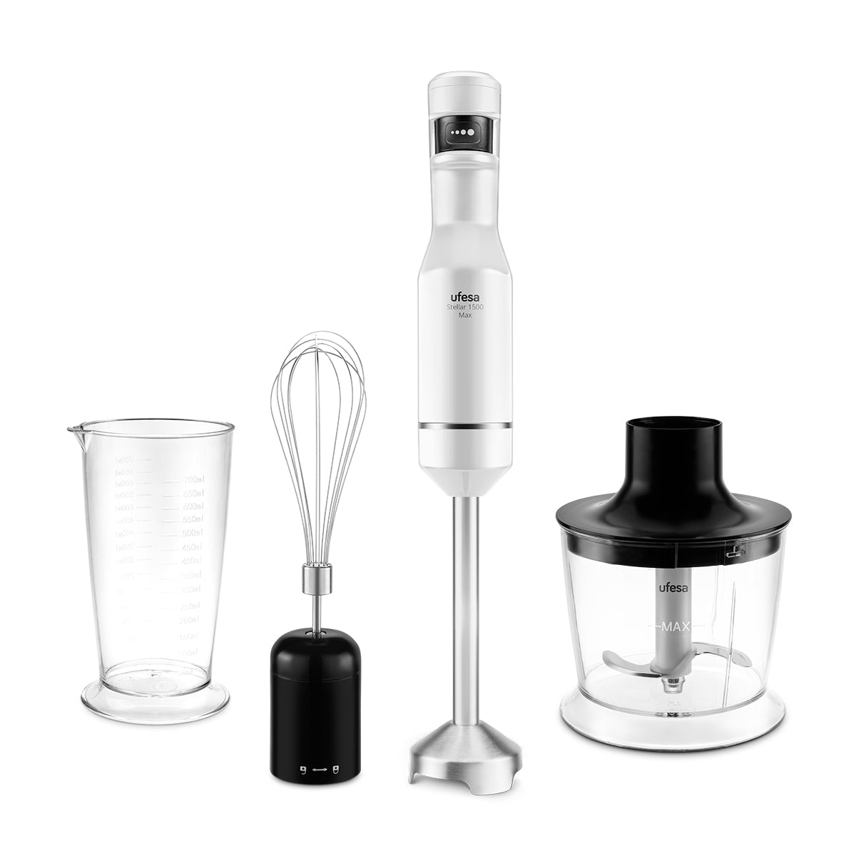 Ufesa - Batidora de mano Stellar 1500 Max de 1500 W con control TouchSpeed y pantalla digital para cocina profesional, incluye set 3 en 1 (batidor emulsionador, picadora de 500 ml y vaso medidor de 700 ml)