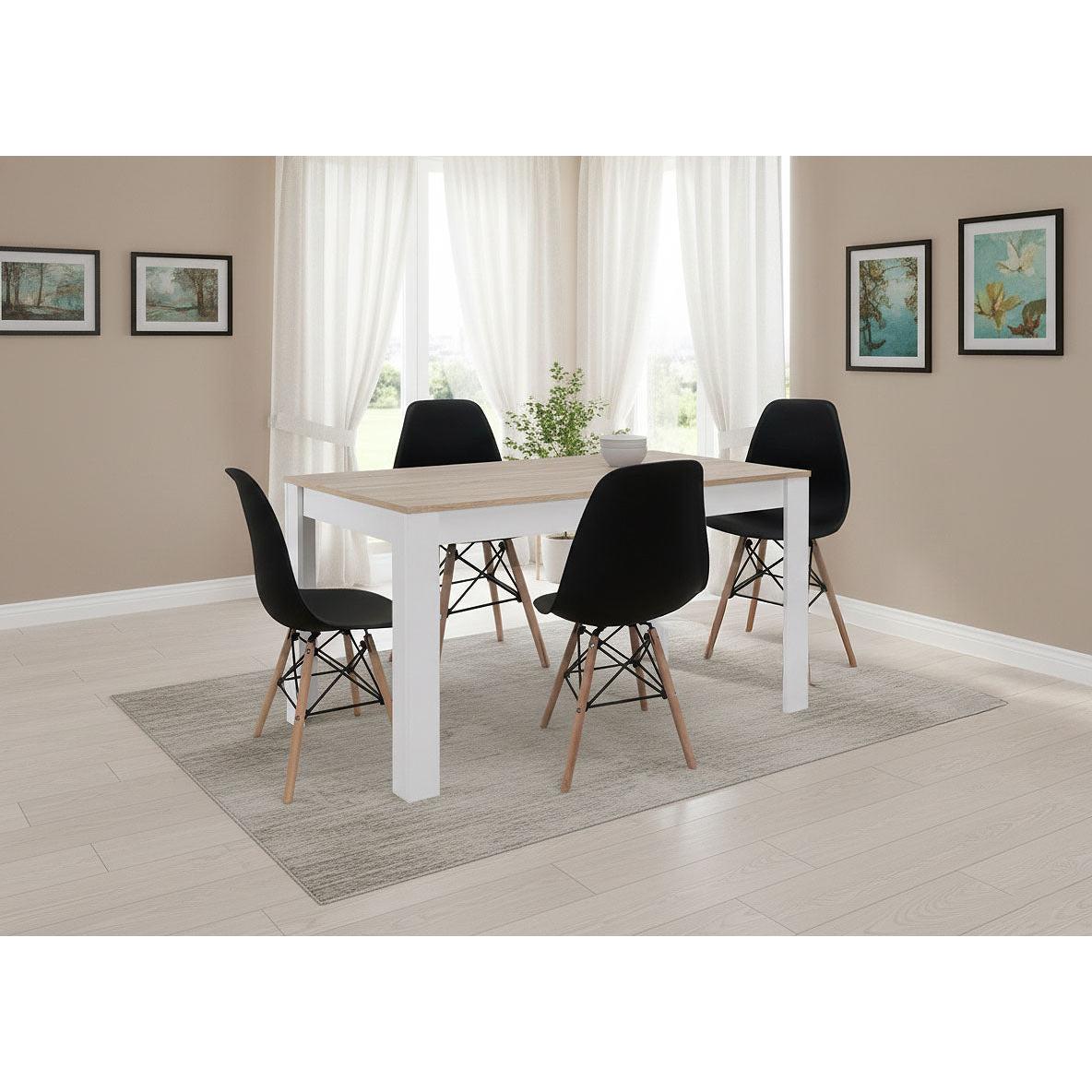 Pack Mesa de Comedor o Cocina Fija  Blanco y Gris + 4 Sillas Estilo Nordico Negro