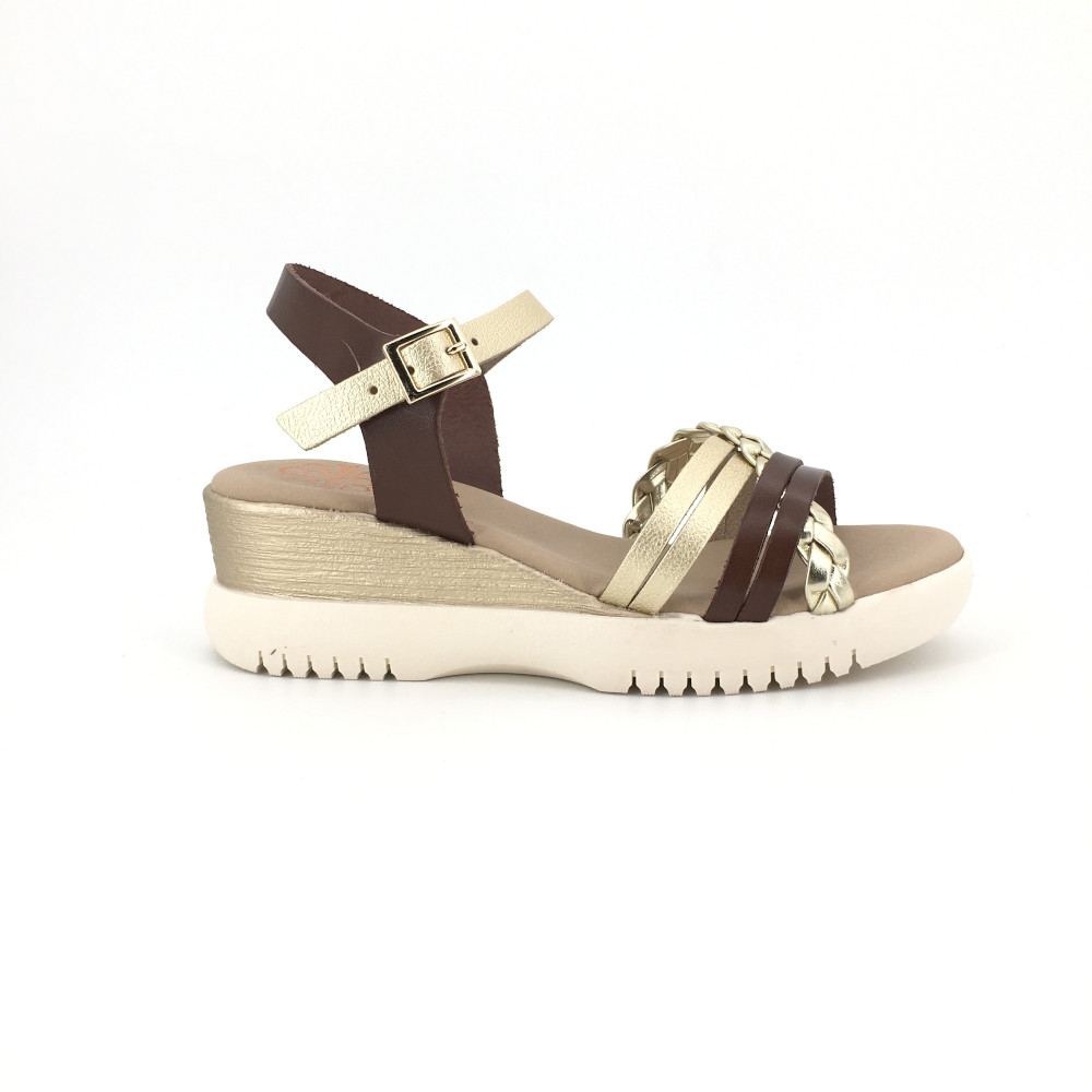 Sandalia de Porronet para mujer, mod.3269, Sandalia tiras cruzadas combinada oro con plantilla acolchada muy cómoda