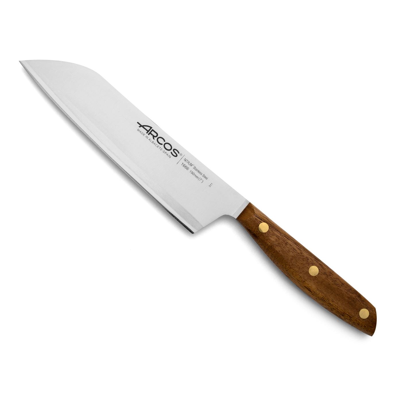 Arcos Cuchillo Santoku Acero Inoxidable. Cuchillo cocina japonés para pescado, carne y verduras. Mango madera Ovengkol 100% natural FSC y Hoja 190 mm. Serie Nordika. Color marrón.