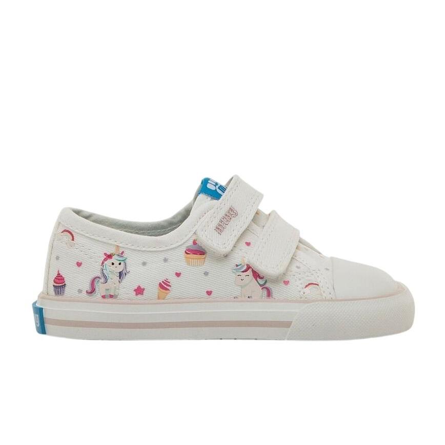 Zapatillas niña Mustang Free barefoot con estampado de unicornios y pastelitos deportivos casual Mustang canvas calzado respetuoso para peques con certificado vegano muy comodas y flexibles con cierre de doble tira adherente