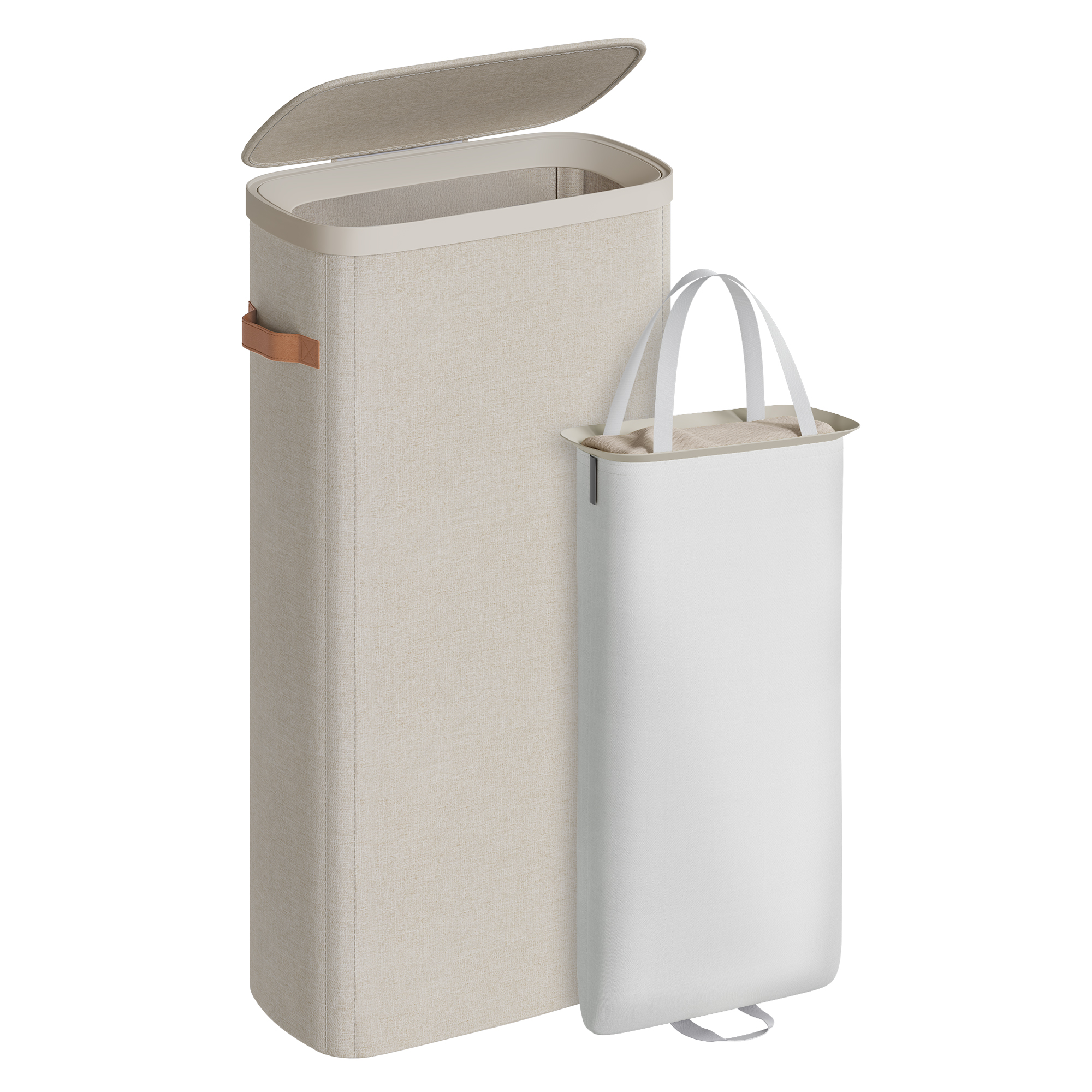 SONGMICS Cesto para la Ropa Sucia, Bolsa de Basura de 65 L, Fácil Montaje, con Asas para la Tapa, Bolsa Interior Extraíble, 39 x 22 x 75 cm, Beige Capuchino