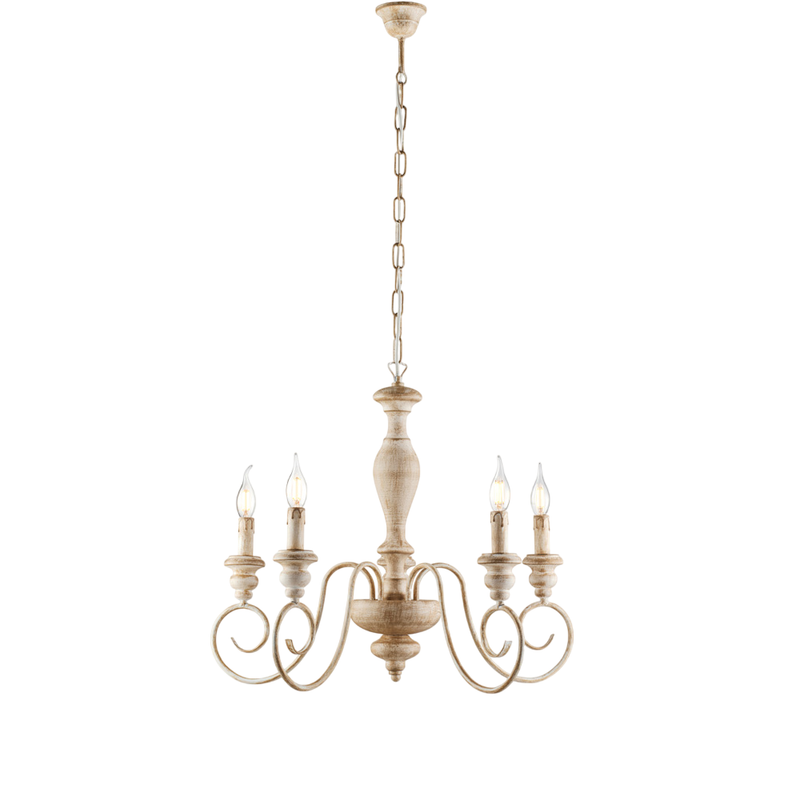 Lámpara de araña Cascina de madera y hierro blanco y gris tórtola 5 luces 115 Ø60 BL265-5-BT - Bonetti Illumina