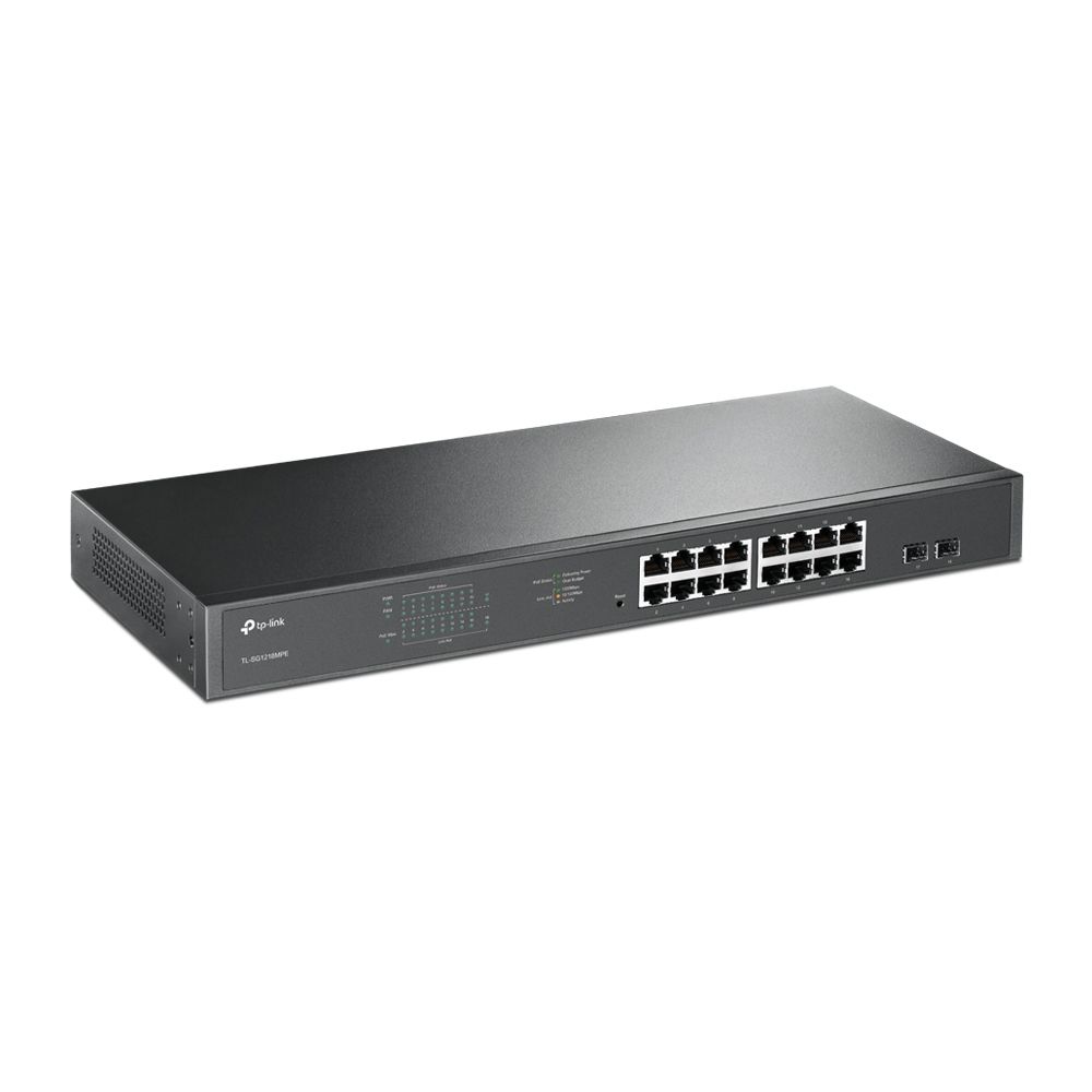 TP-Link - Switch Gigabit Ethernet TL-SG1218MPE con 16 puertos RJ-45 y 2 ranuras SFP, PoE 192 W para cámaras y VoIP, negro, 36 Gbps, 8000 direcciones MAC
