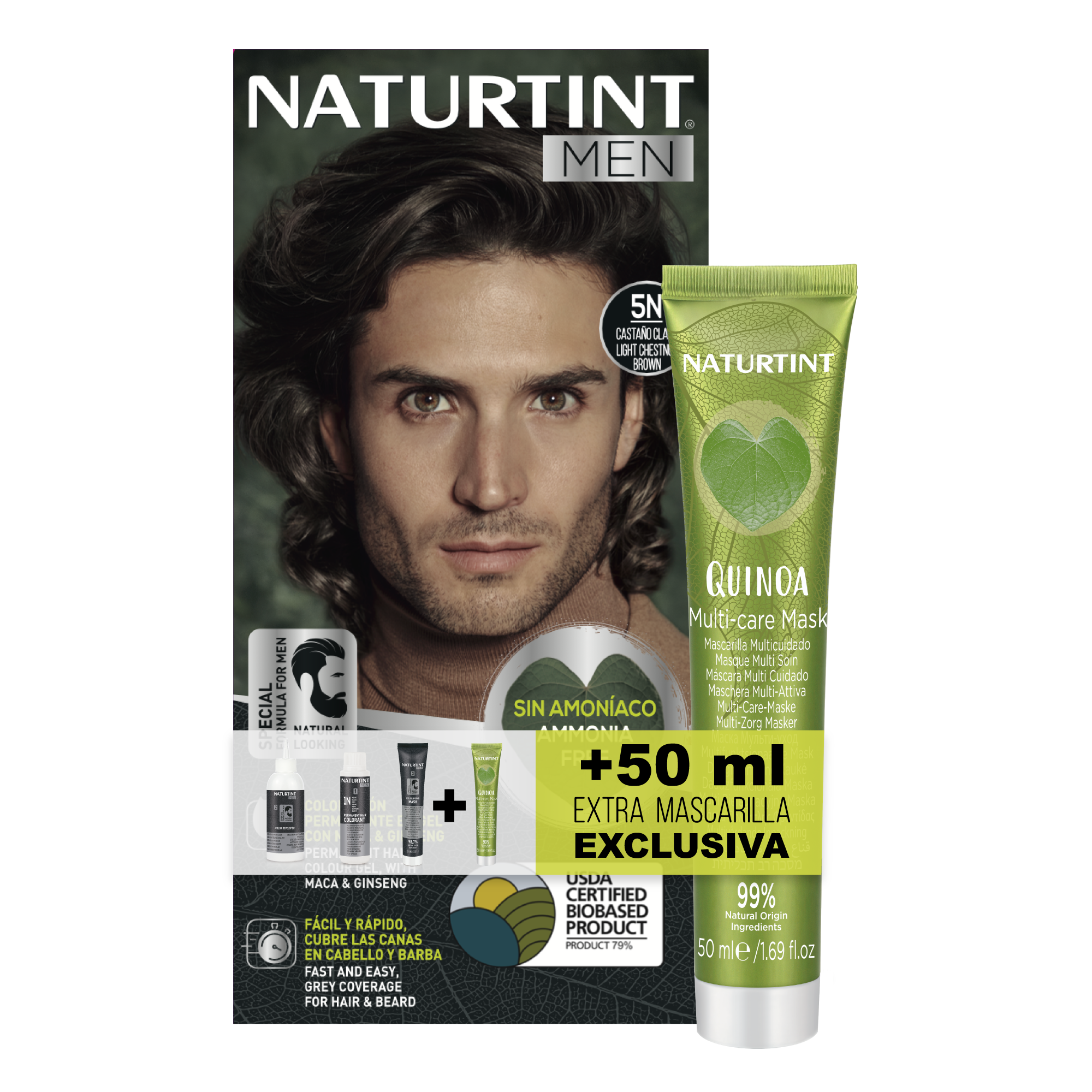Naturtint Men Biobased + Extra Mascarilla 50ml |  Coloración Permanente Sin Amoniaco para Hombre | Tinte para Cabello y Barba | 100% Cobertura de Canas | Color Natural y Duradero | Ingredientes Naturales | 1N Negro