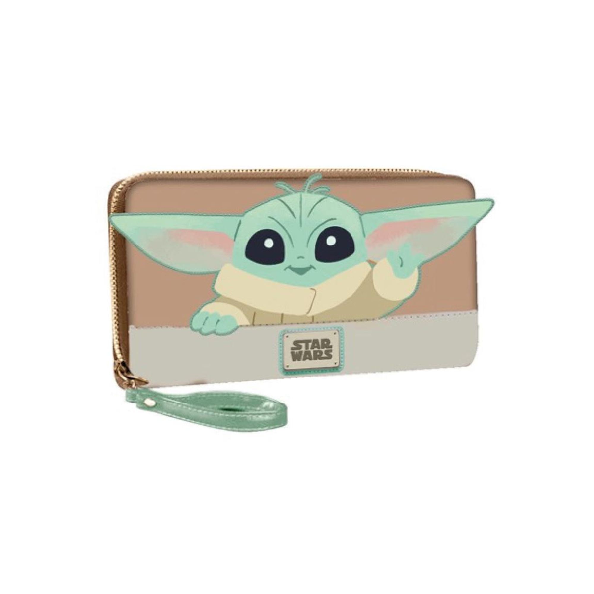 Cartera polipiel de Star Wars para mujer, monedero rectangular con diseño de Grogu, colores beige y verde, cierre cremallera y asa, ideal para uso diario o regalar a fans