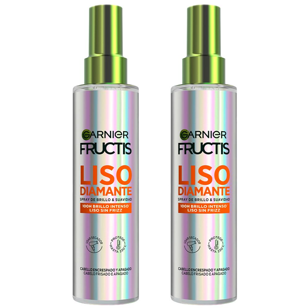 Garnier | Duplo Fructis Diamond Sleek Shine-coat Spray alisador, 100H de brillo impecable, 100H de liso sin encrespamiento 2x150ML