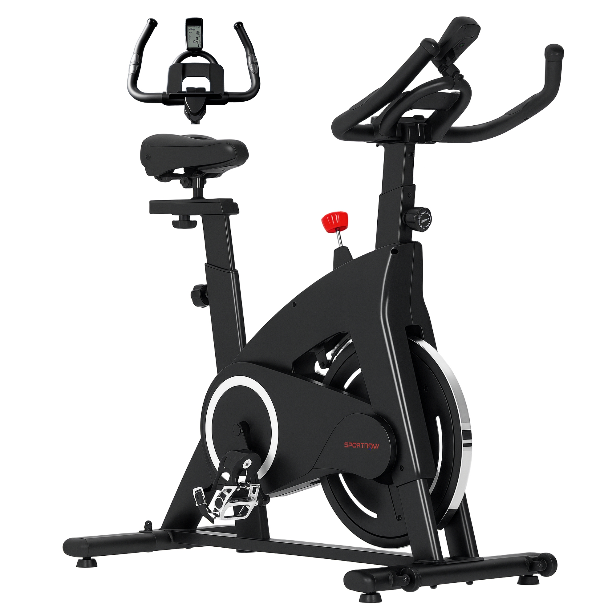 SPORTNOW Bicicleta Estática Bici Estática con Volante de Inercia 15 kg Pantalla LED Pulsómetro Manillar Asiento Ajustable y Ruedas Carga 120 kg para Casa Gimnasio Negro