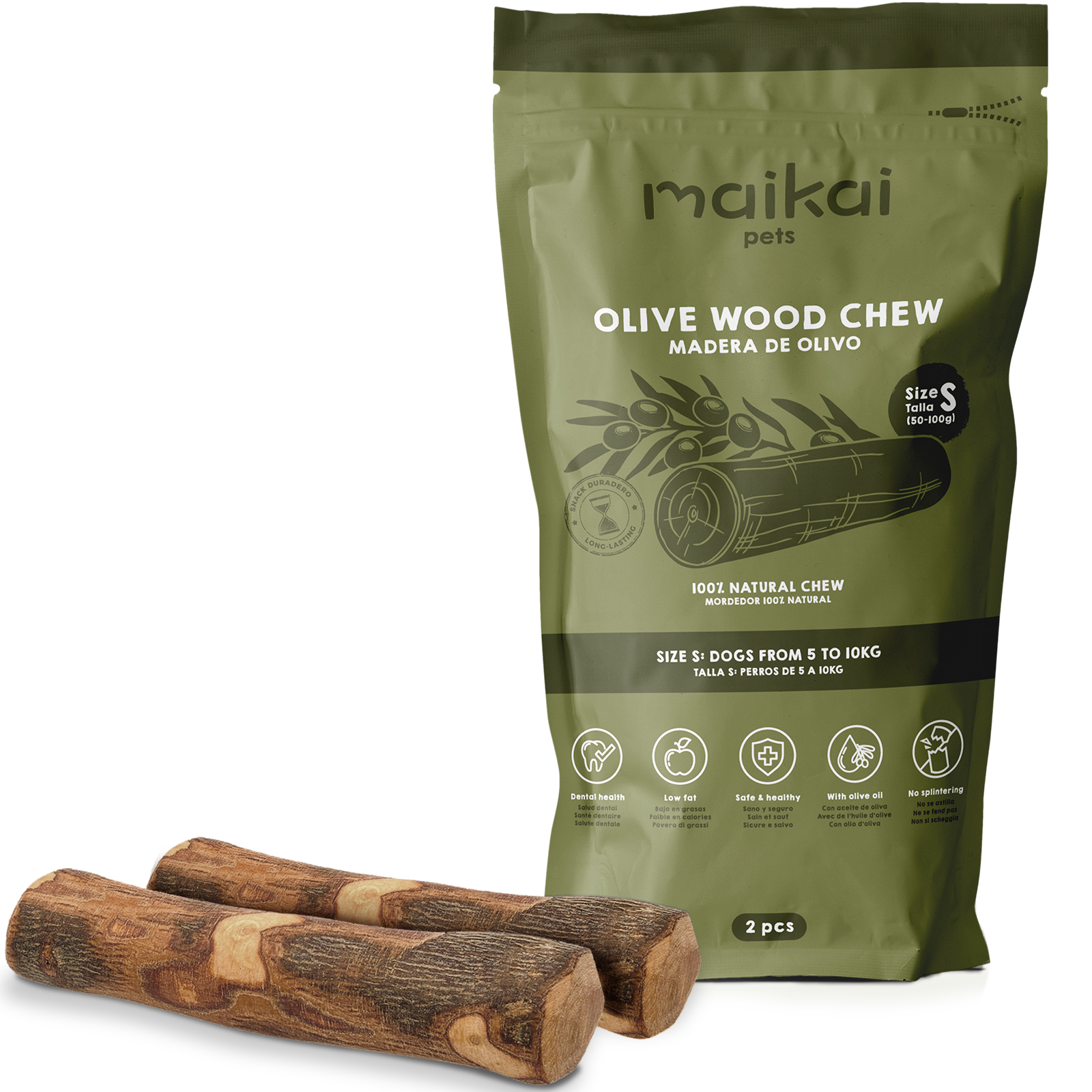 MAIKAI PETS - Palo Madera de Olivo - Mordedor Natural para Perros - Alternativa a Huesos - Alivia la Ansiedad - Elimina Sarro.