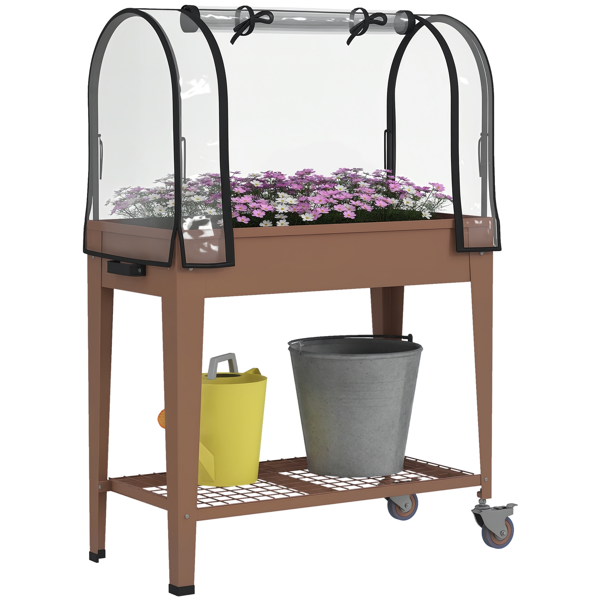 Outsunny Huerto Urbano Elevado con Ruedas, Mesa de Cultivo con Cubierta PVC de Invernadero y Estante Inferior para Cultivo, Plantas, Flores y Verduras, 80x40x120 cm, Marrón