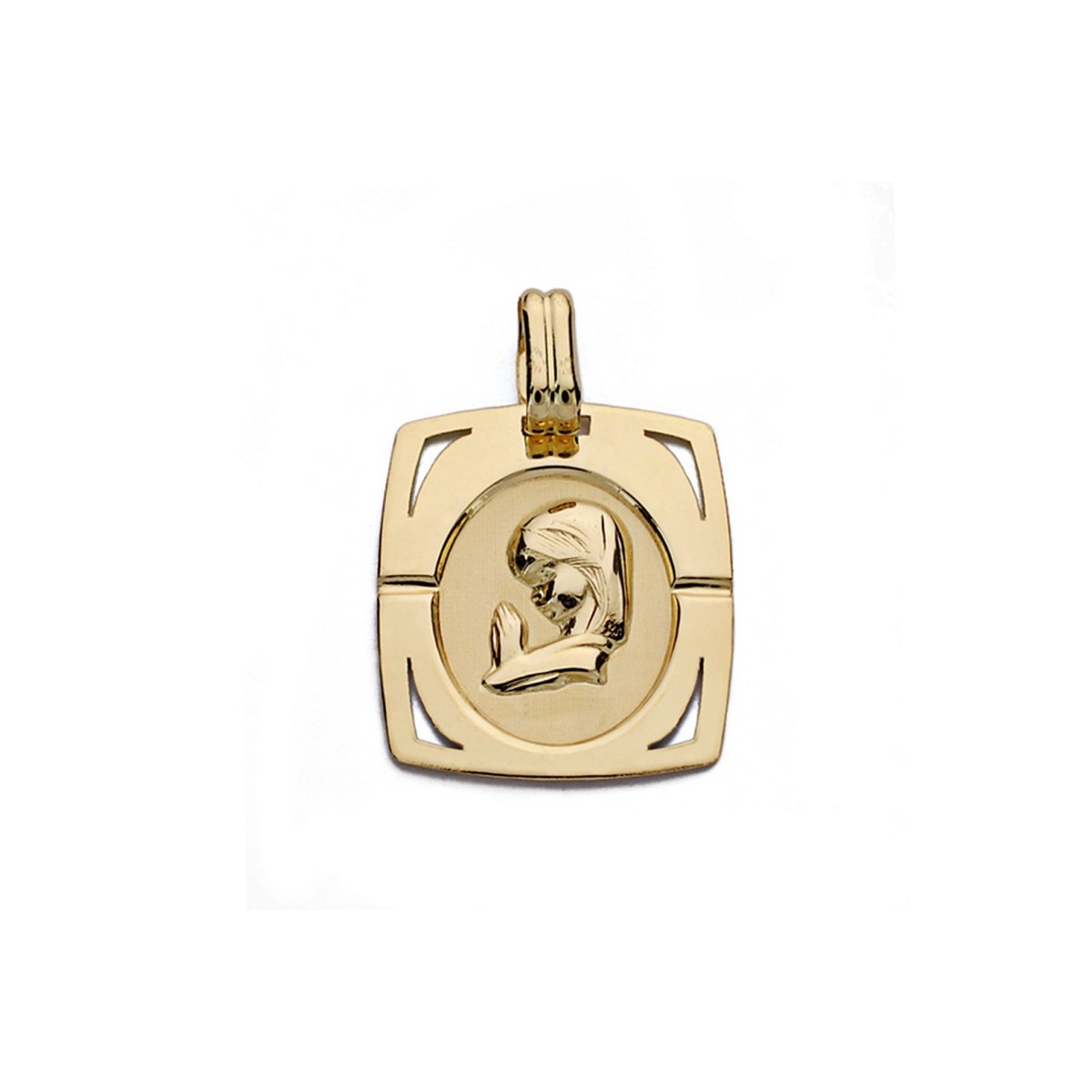 Medalla oro 9k colgante 20mm. Virgen Niña forma rectangular esquinas caladas