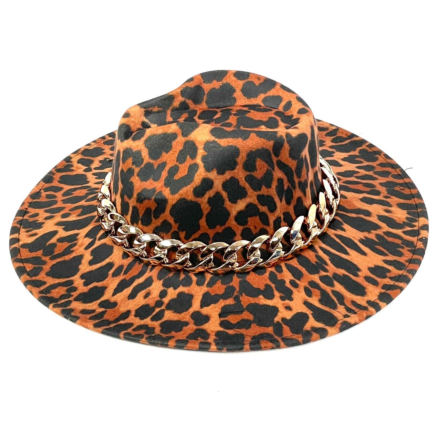 énvo Sombrero Tipo Fedora para Mujer con Estampado de Leopardo y Cadena Decorativa, Colección Primavera Verano 2023