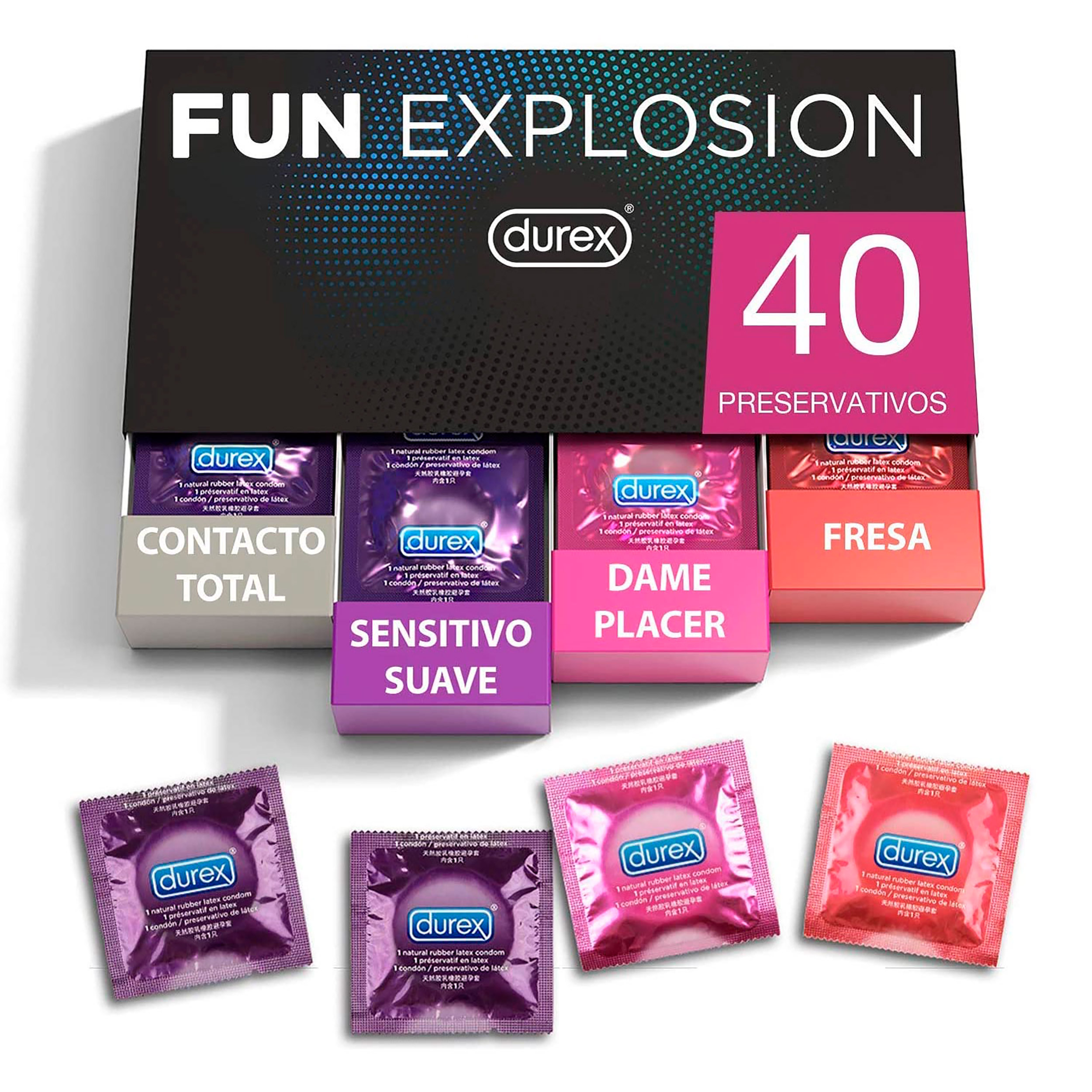 Durex - Durex - Fun Explosion, Pack Preservativos Sabor Fresa, Dame Placer, Sensitivo Suave y Contacto Total, 40 Condones, 52 y 56 mm