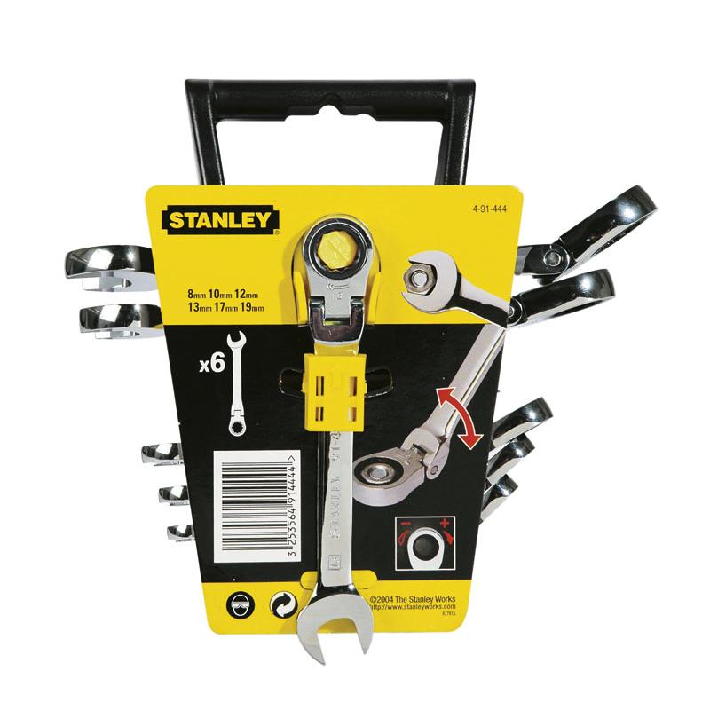 Stanley 4-91-444 Llave combinada de carraca con cabeza indexable, acero al cromo forjado, resistente a la corrosión, cabeza poligonal, hexágono inclinado 12, ángulo de retorno 5°, estándar, 6 piezas