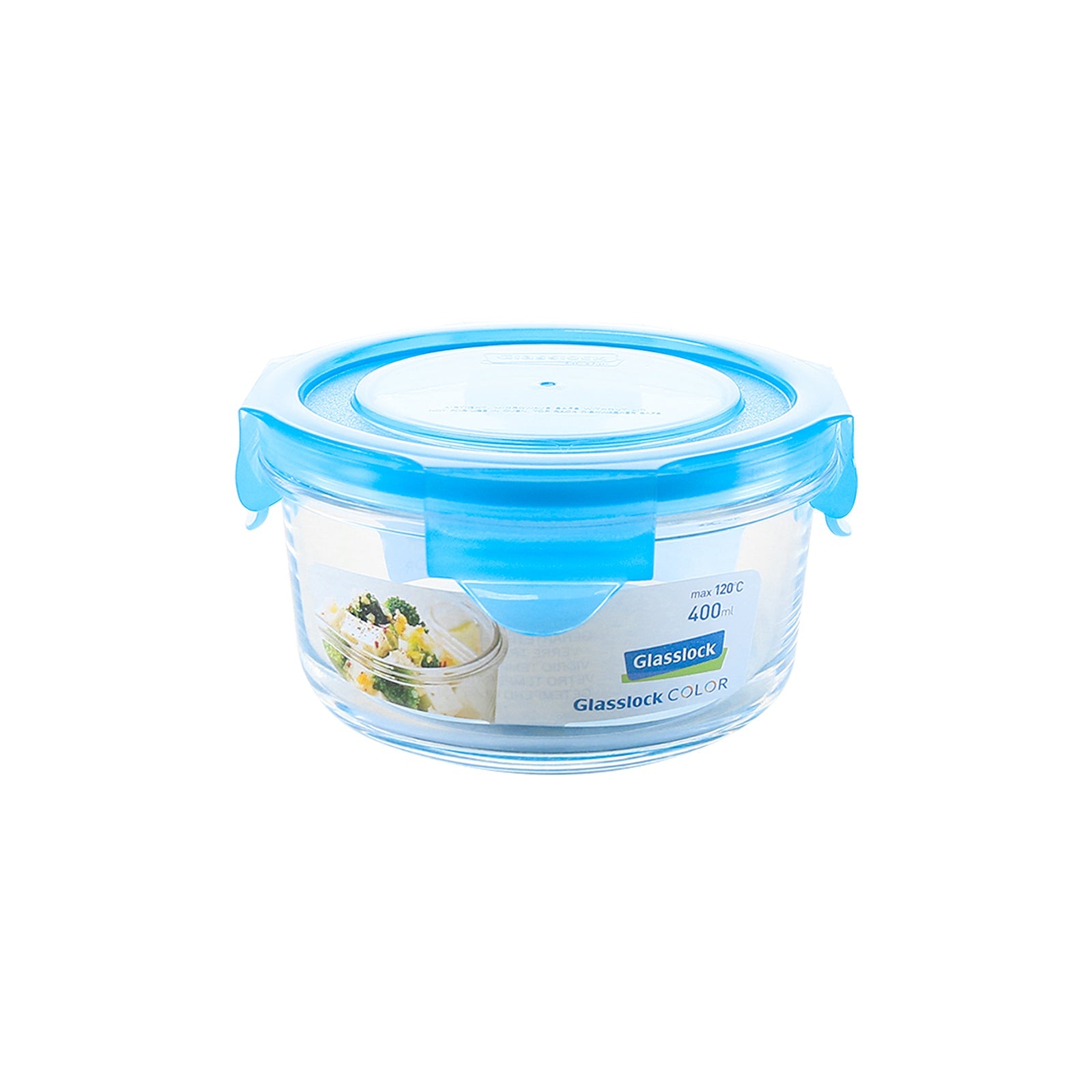 Glasslock Classic - Recipiente Hermético Redondo de 0.4L en Vidrio Templado. Azul