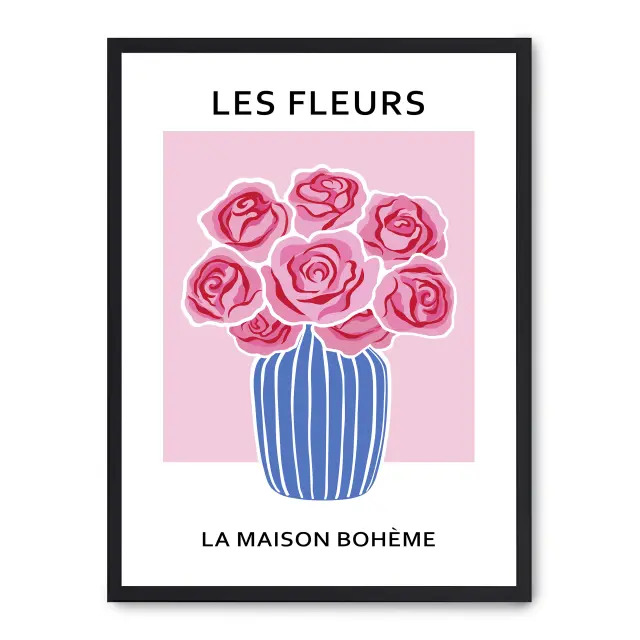 Cuadro les fleurs v 30x40cm, Póster impreso en papel de primera calidad de 180gr, montado sobre marco de madera MDF acabado en negro., Arte - Pinturas