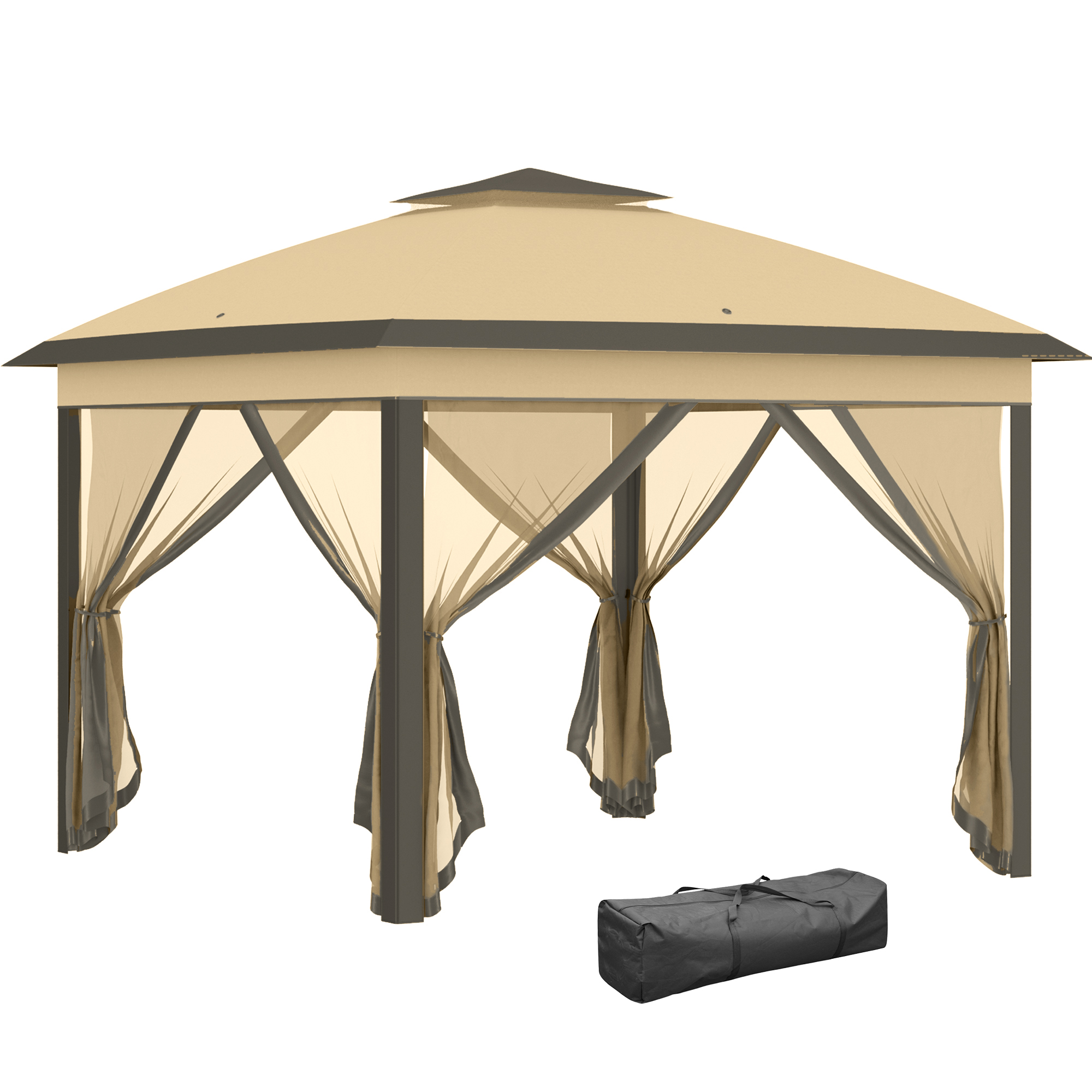 Outsunny Carpa Plegable 3,3x3,3 m Pop-up, Cenador de Jardín con Altura Ajustable 3 Niveles, Doble Techo, 4 Mosquiteras Extraíbles y Bolsa Transporte, Impermeable, Anti-UV para Exterior, Beige