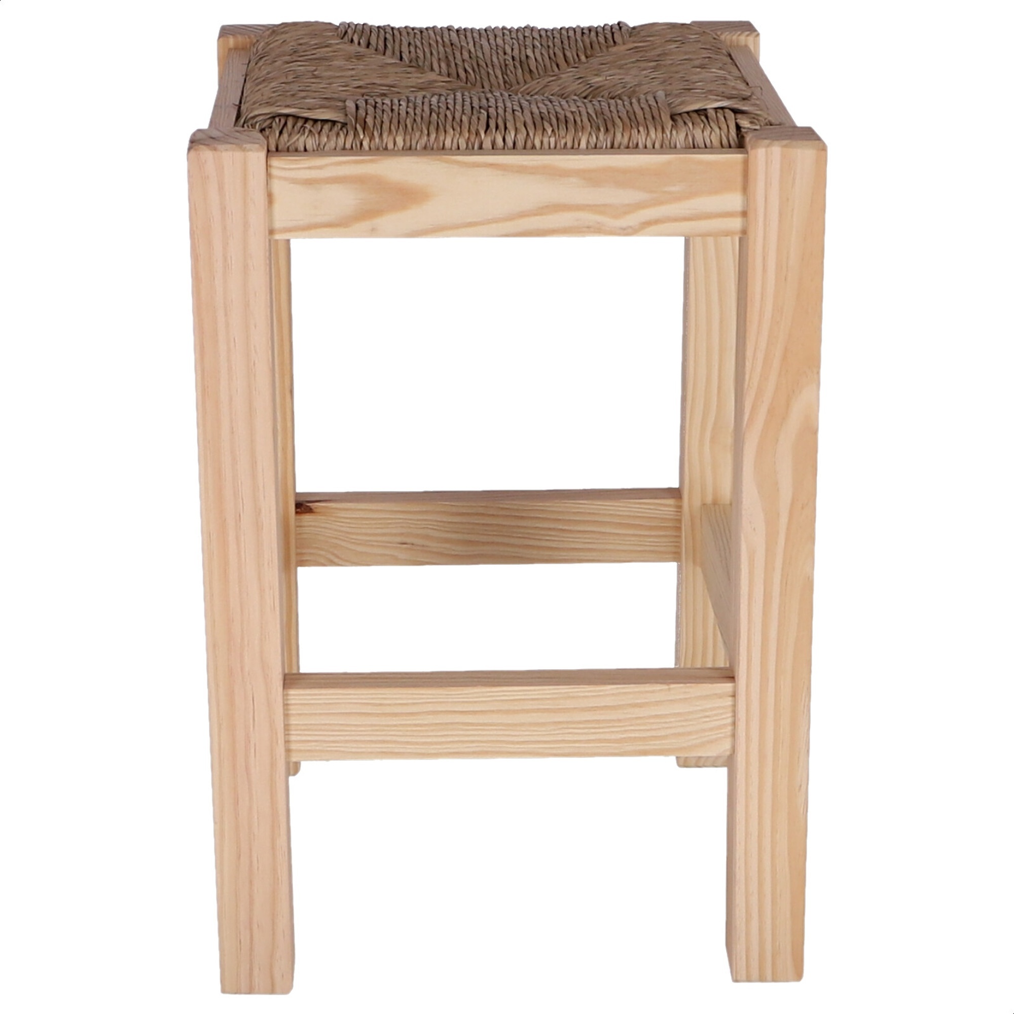 Banqueta Rústica Baja Sin Barniz | Madera de Pino | Asiento de Paja