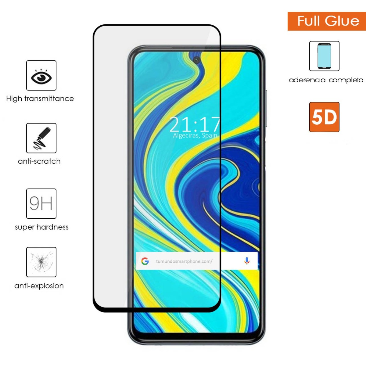 Tumundosmartphone Protector Cristal Templado Completo 5D Full Glue Negro para Xiaomi Redmi Note 9S Vidrio