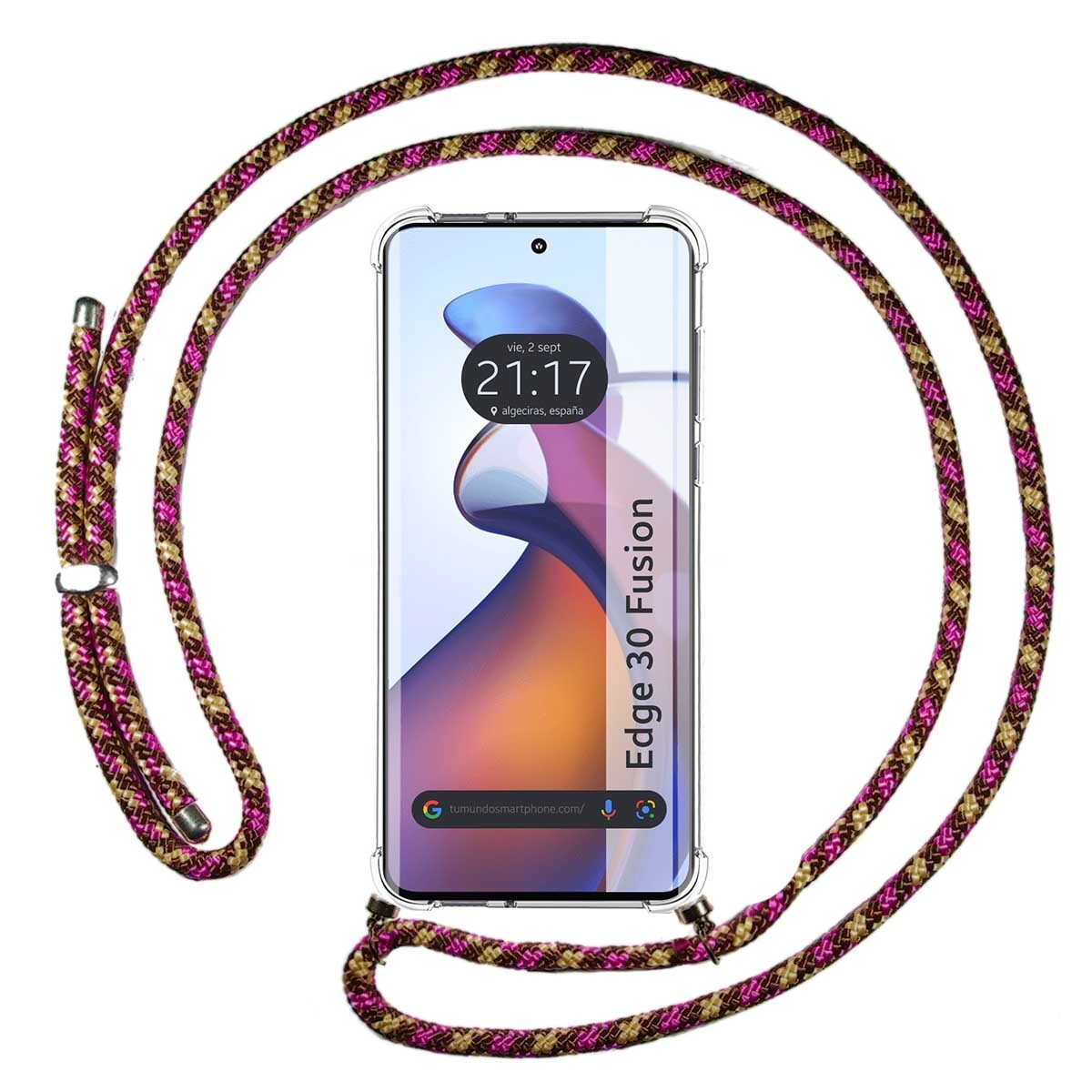 Tumundosmartphone Funda Colgante Transparente para Motorola Edge 30 Fusion 5G con Cordon Rosa / Dorado - Protección Móvil