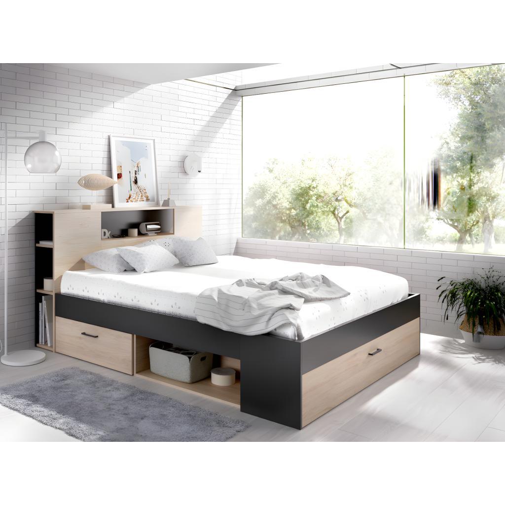 Vente-unique - Cama con cabecero con compartimentos y cajones - 140x190 cm - Color: natural y antracita - LEANDRE