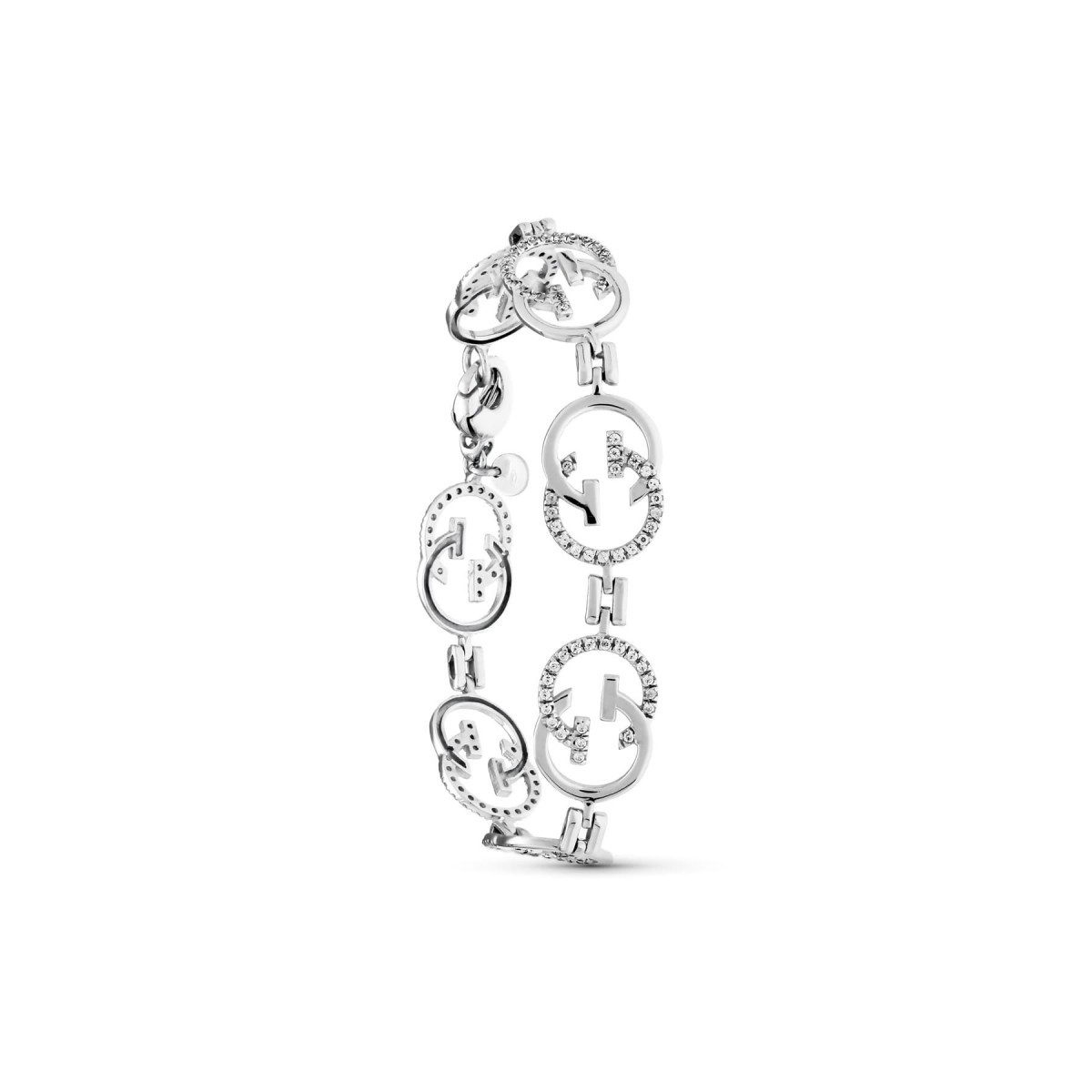 Pulsera oro blanco 18k mujer 19 cm. forma letra G entrelazada circonitas combinada lisa