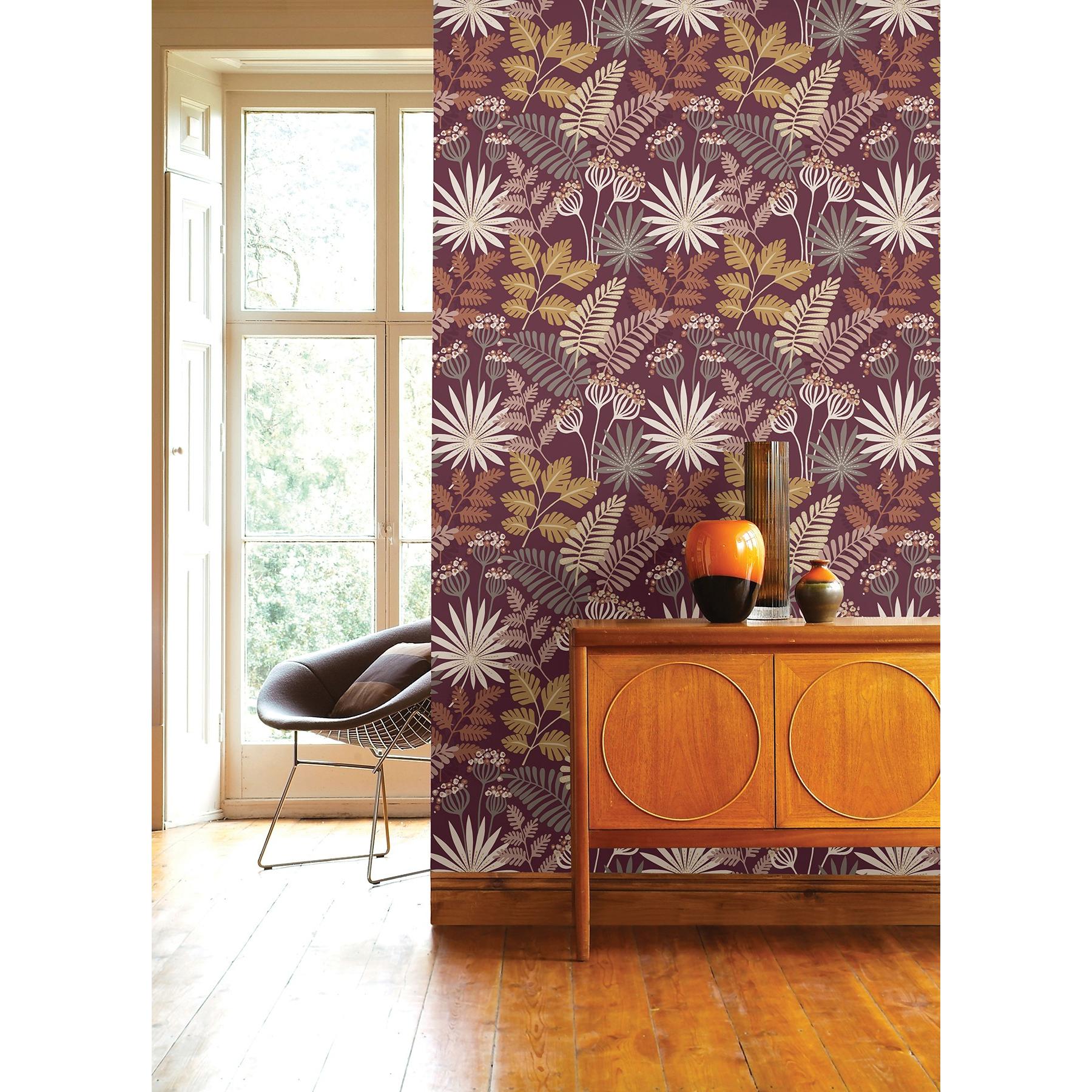 Papel pintado vinílico ecológico de flores y hojas color berenjena - Irish Garden 682331 de GAULAN - Rollo de 10 m x 0,52 m
