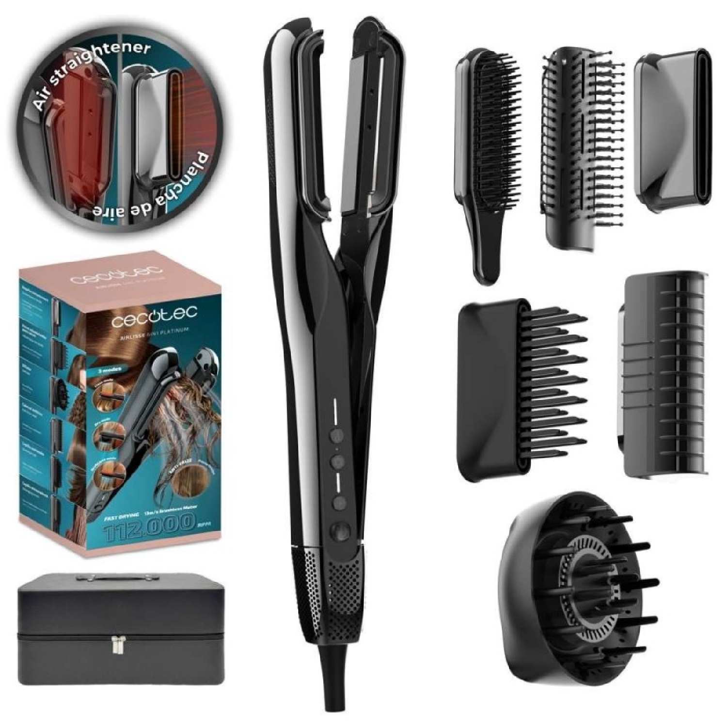 Cecotec Plancha de Pelo con Aire con 6 Accesorios AirLisse 6in1 Premium. 112000RPM, Flujo Aire 13m/s, Función Plasma