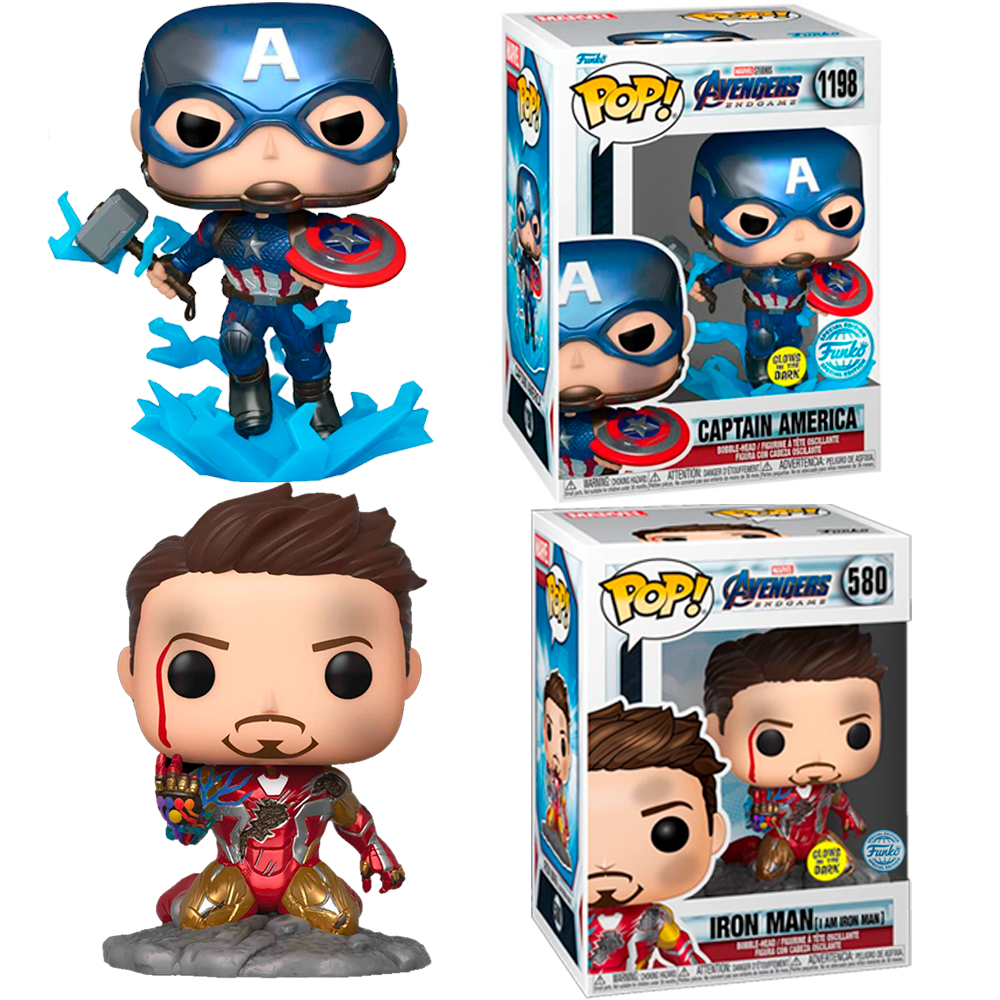 Funko Pack 2 Funkos Iron Man Tony Stark chasquido GITD exclusivo  Capitan America Mjolnir martillo metallic GITD   Endgame Avengers Vengadores  Marvel Funko  573 580