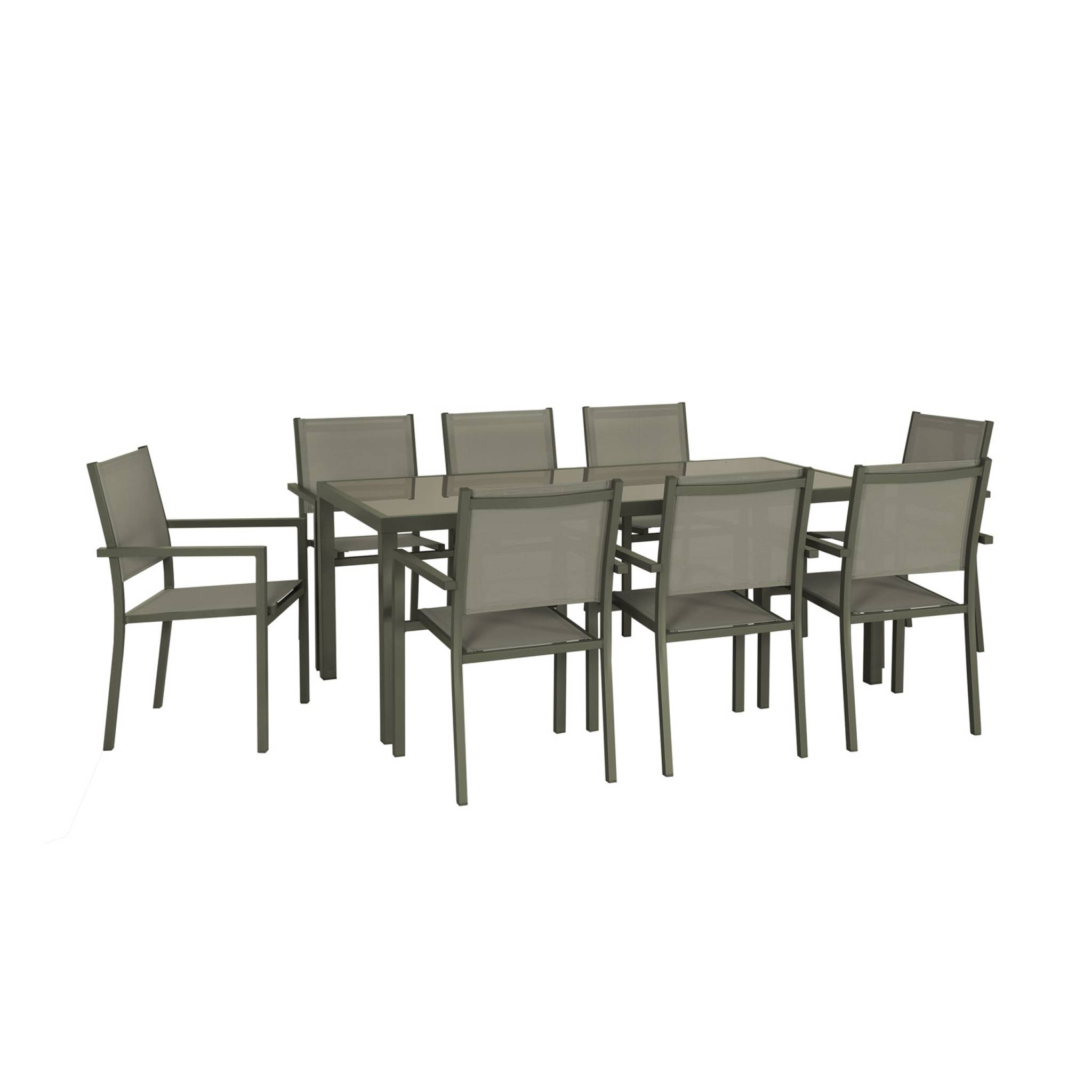 sweeek - Mesa de jardín de aluminio, 8 sillas de textileno Verde kaki - 182.5x90x71 cm