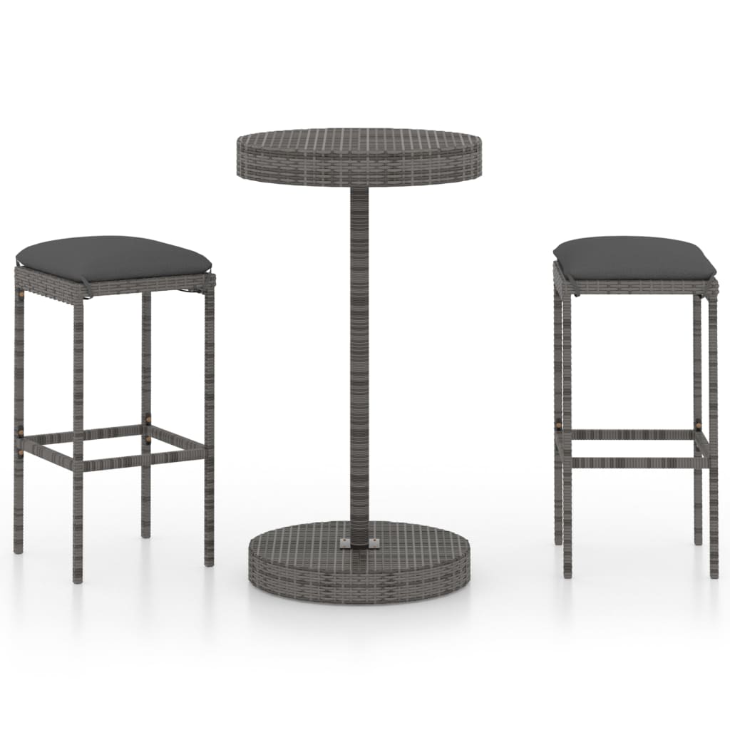 vidaXL Set muebles bar jardín 3 piezas y cojines ratán sintético gris