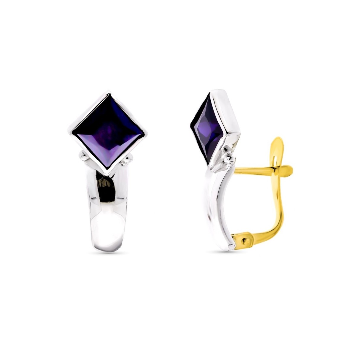 Pendientes oro bicolor 18k mujer lisos piedra rombo morada cierre catalán