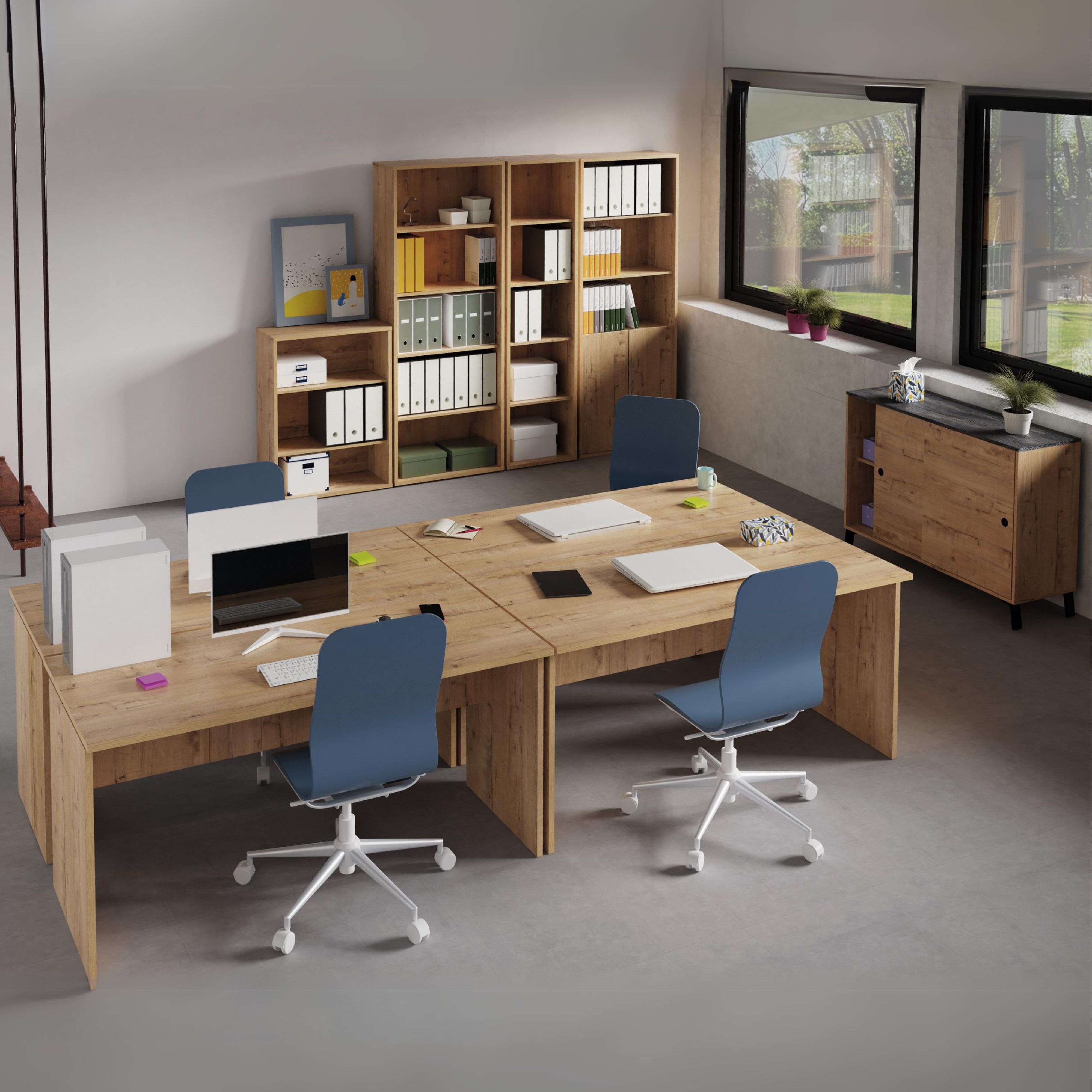 Miroytengo Pack Muebles Oficina 4 Escritorios 155 cm + 3 Estanterías Diferentes Tamaños + Aparador + Librería Color Roble Gold