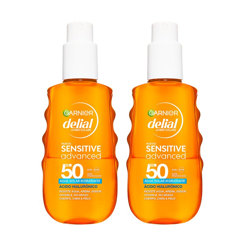 Garnier | Delial Sensitive Advanced Agua Solar Hidratante FPS 50 - Protege, hidrata y refresca con ácido hialurónico. Triple resistencia al agua, al sudor y a la arena. Para el rostro, el cuerpo y el cabello, 2x150ml