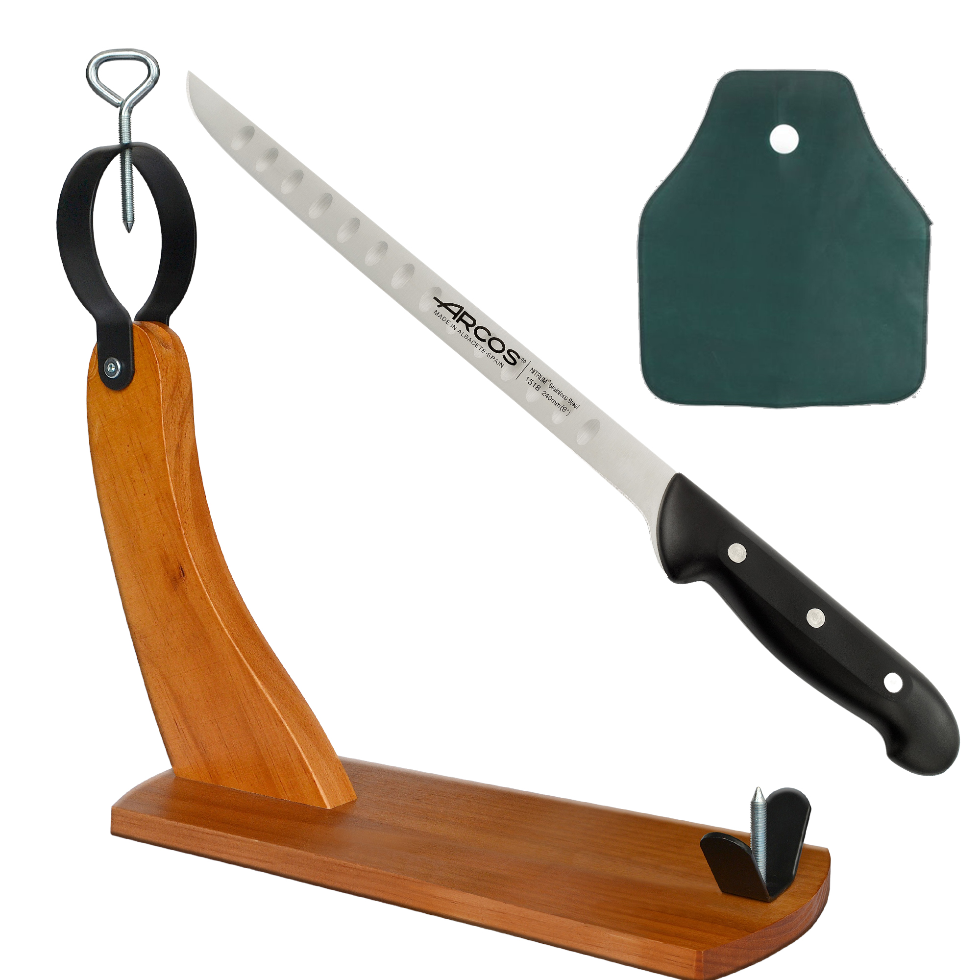 Cuchillos jamoneros, utensilios para cortar jamón ibérico, soportes y tablas