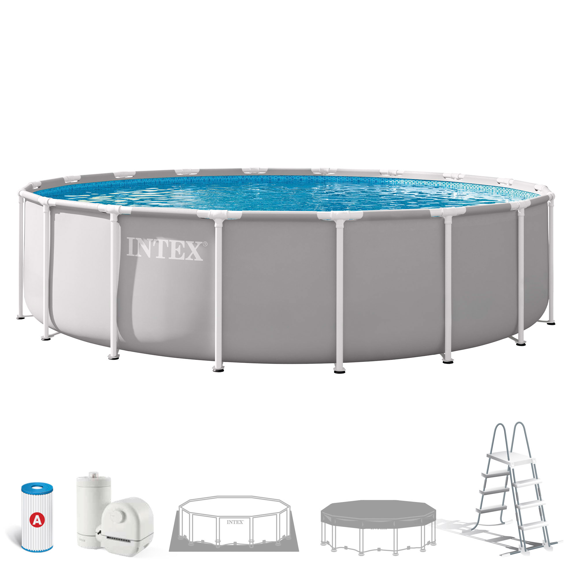 INTEX - Piscina desmontable redonda, modelo Prism Frame, color gris, interior efecto gresite, uso recomendado a partir de 6 años, piscinas desmontables grandes, piscinas familiares, piscinas desmontables