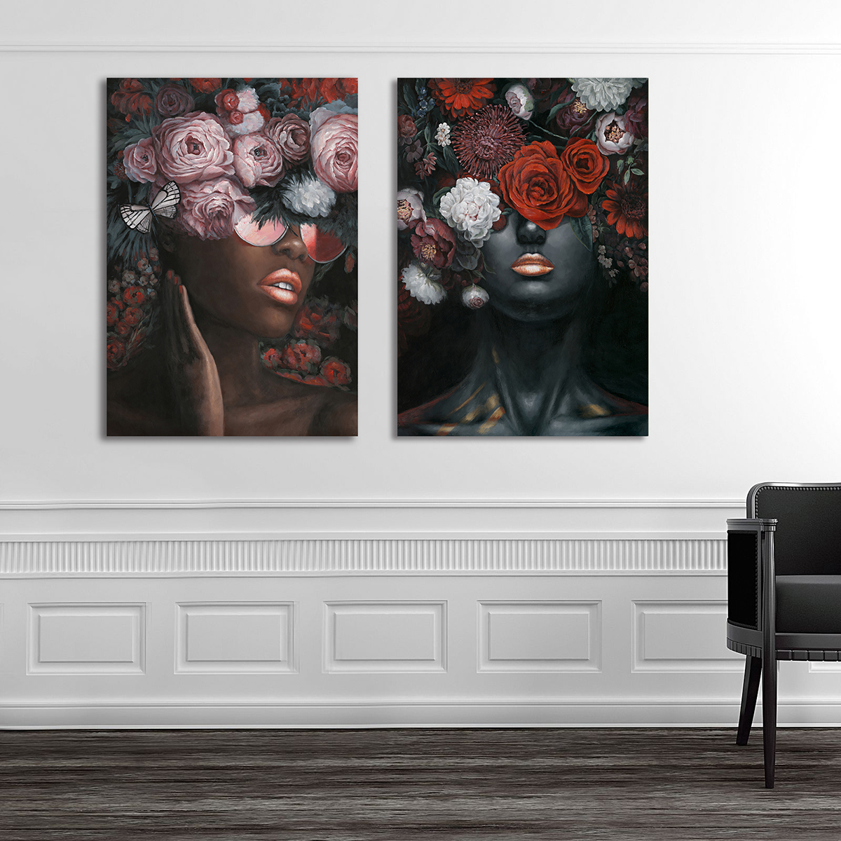 Hispanohogar Set de 2 Cuadros Impresos en Lienzo Mujeres Florales 70x100 Cm