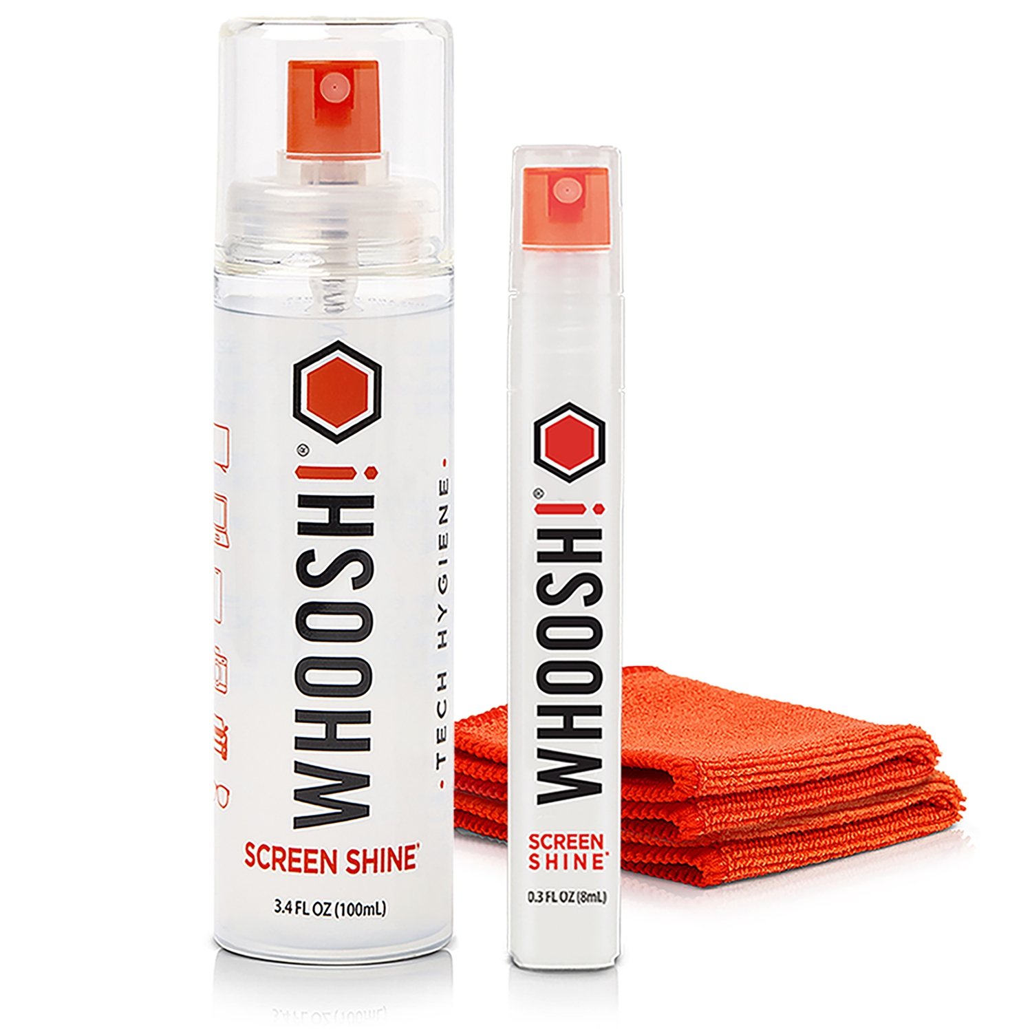 Whoosh! Kit DUO limpiador de pantallas de 100ml + limpiador de bolsillo 8ml + 2 paños de microfibra de 14cm x 14 cm