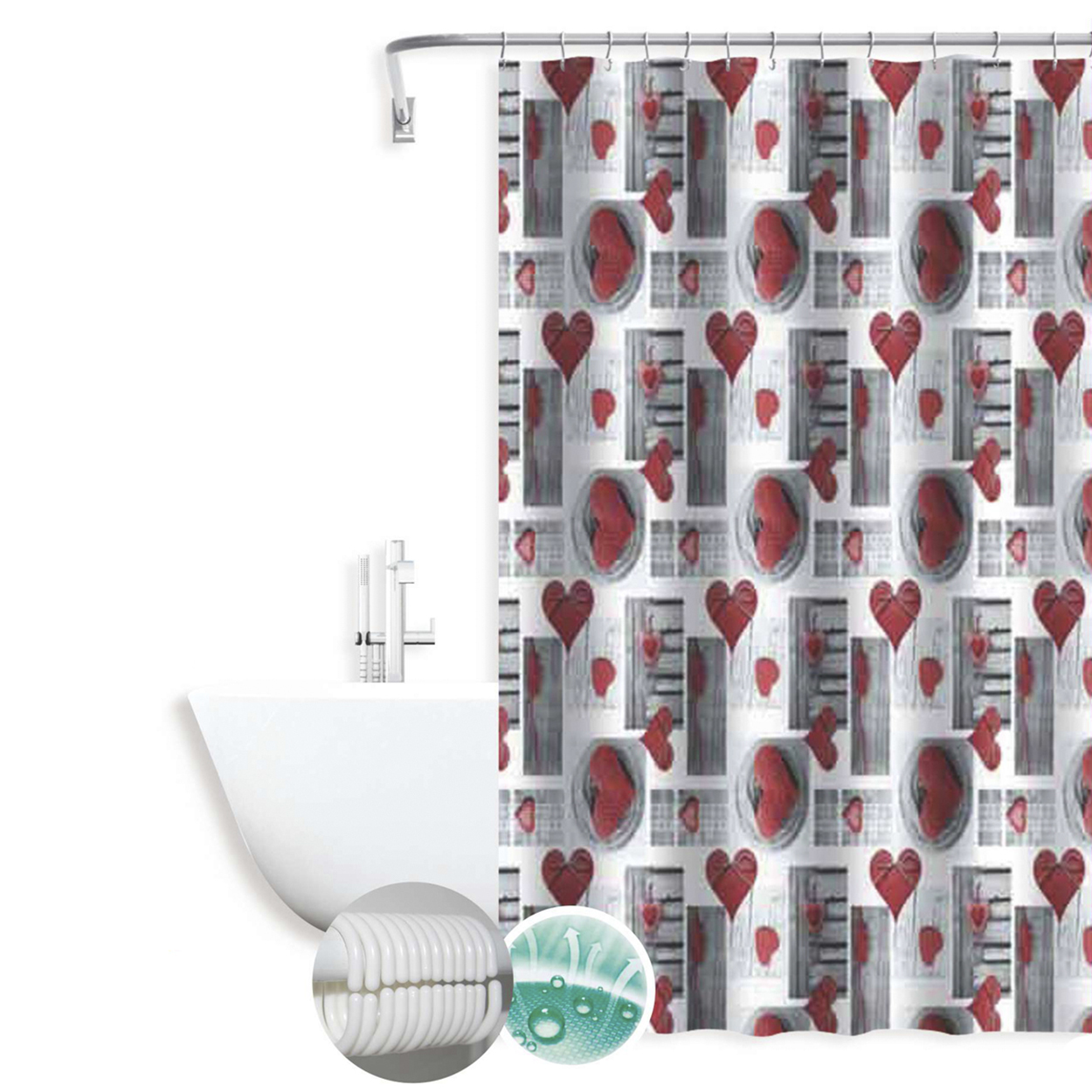 Cortina de Ducha para baño 180X180cm. Cortina de baño de diseño Moderno, Tela Impermeable, Resistente y antimoho. Incluye 12 ganchos para colgar.