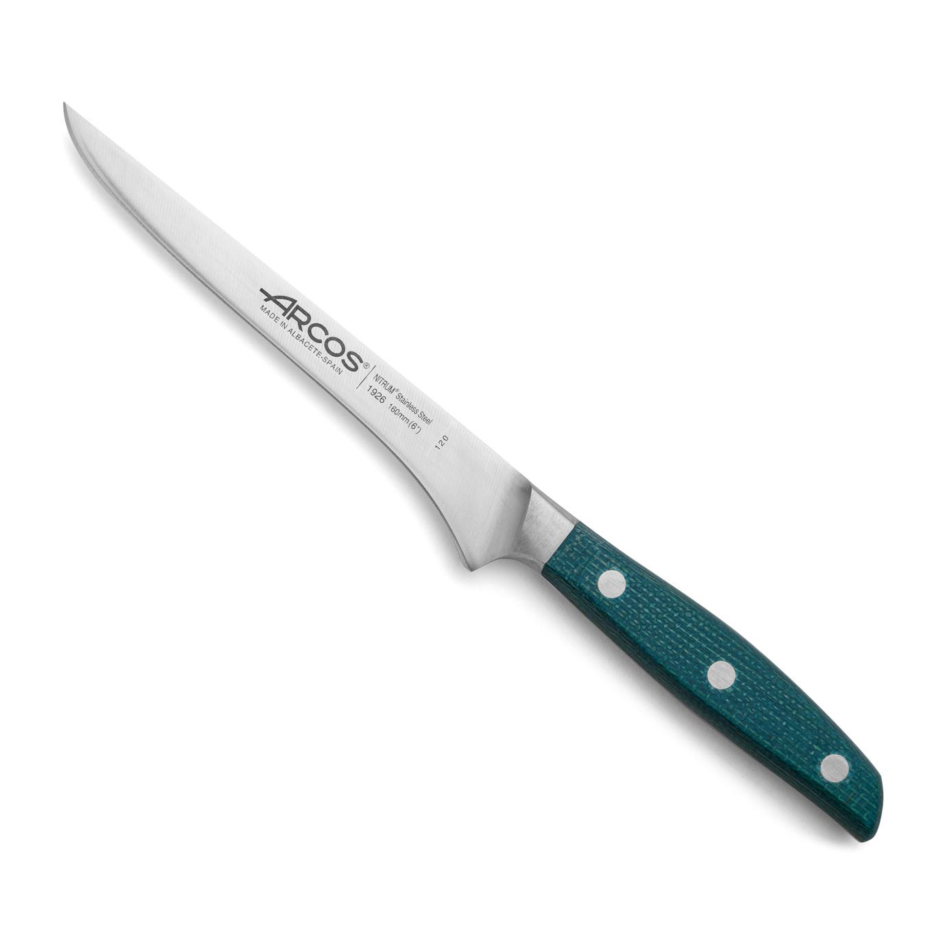 Arcos Cuchillo deshuesador con Hoja Acero Inoxidable Nitrum 160 mm. Cuchillo profesional para cortar huesos carne. Mango ergonómico polipropileno. Serie Brooklyn. Color azul.