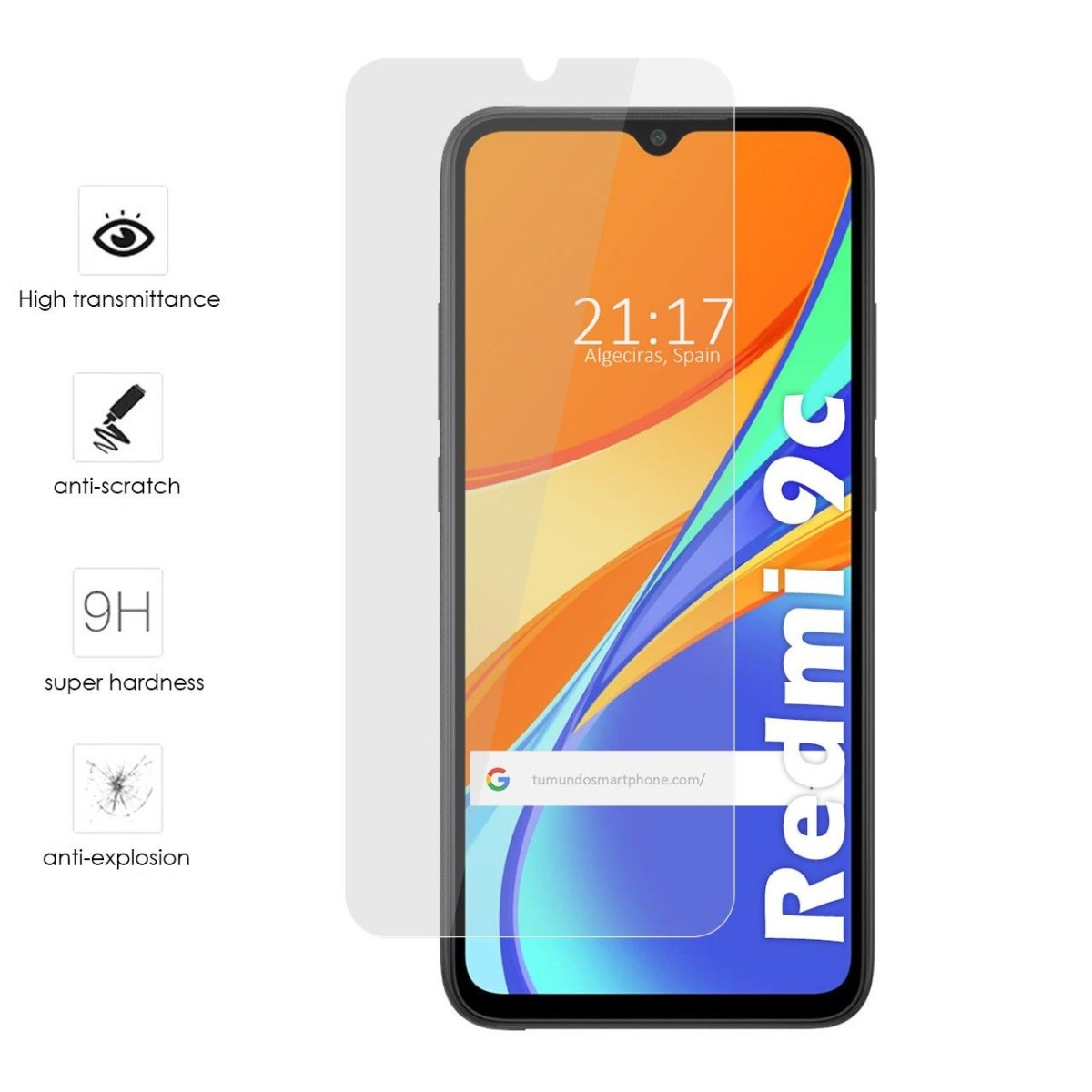 Tumundosmartphone Protector Cristal Templado para Xiaomi Redmi 9C Vidrio