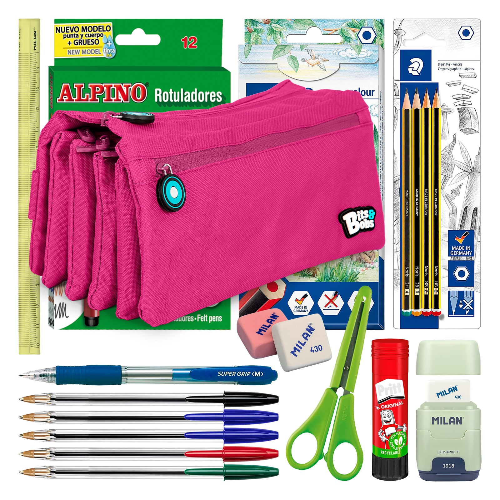 ColePack BitsBobs - Estuche Escolar Cuádruple de 4 Cremalleras y Material Incluido. Magenta