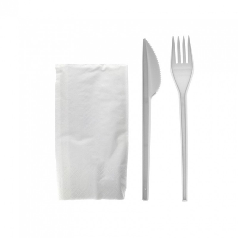 500 Uds. Set cubiertos PS blanco (tenedor, cuchillo y servilleta) | Ref: 0003/1
