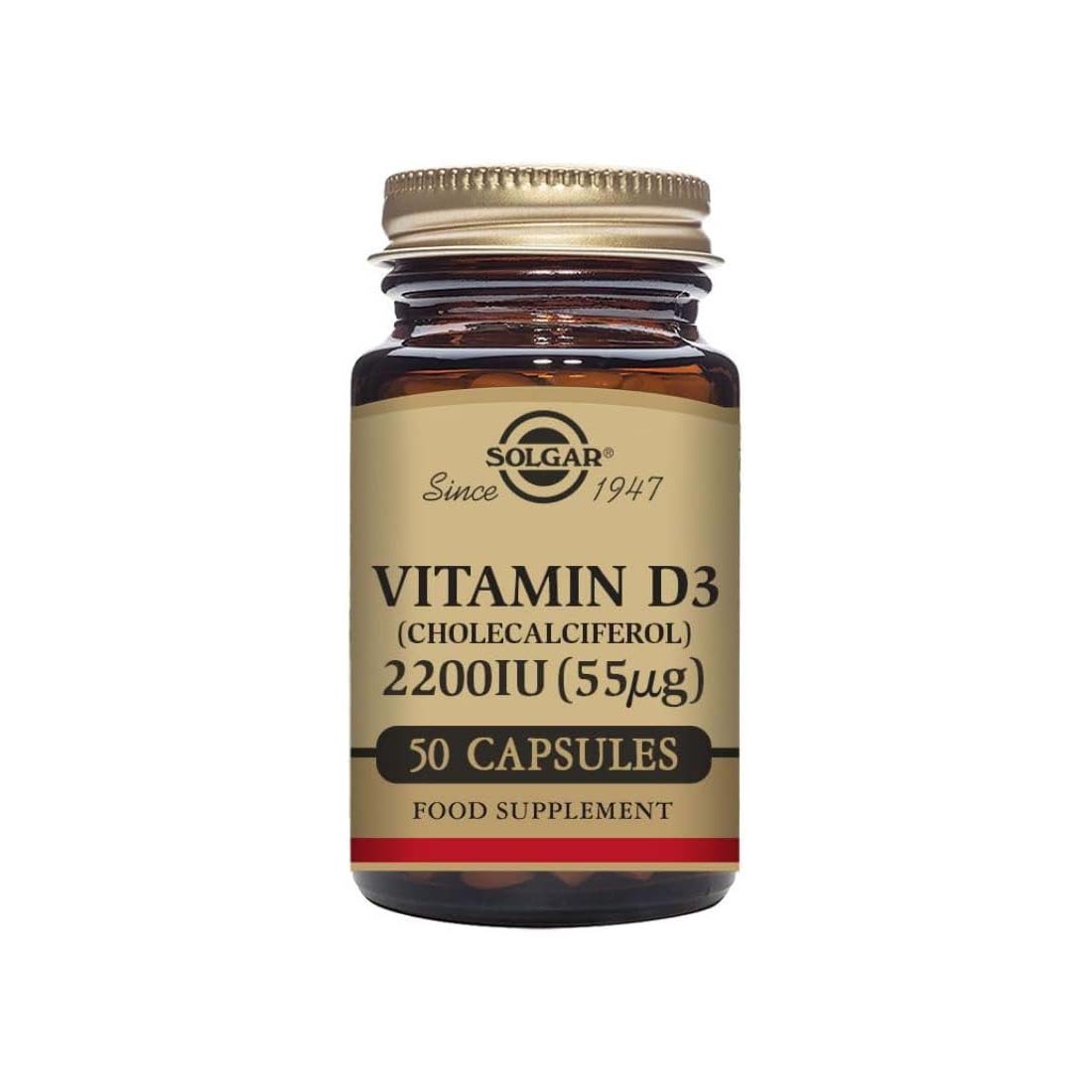Solgar - Solgar - Vitamina D3 (Colecalciferol) 2200 UI (55 µg) Cápsulas vegetales - Envase de 50 cápsulas/100 cápsulas, El embalaje puede variar