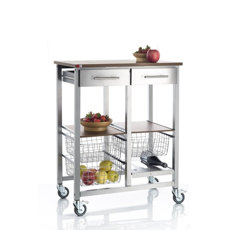 DON HIERRO - Carrito de cocina ONDA DOBLE – Con estructura color aluminium, 3 cestas metálicas, 2 cajones, encimera efecto madera de Cerezo-